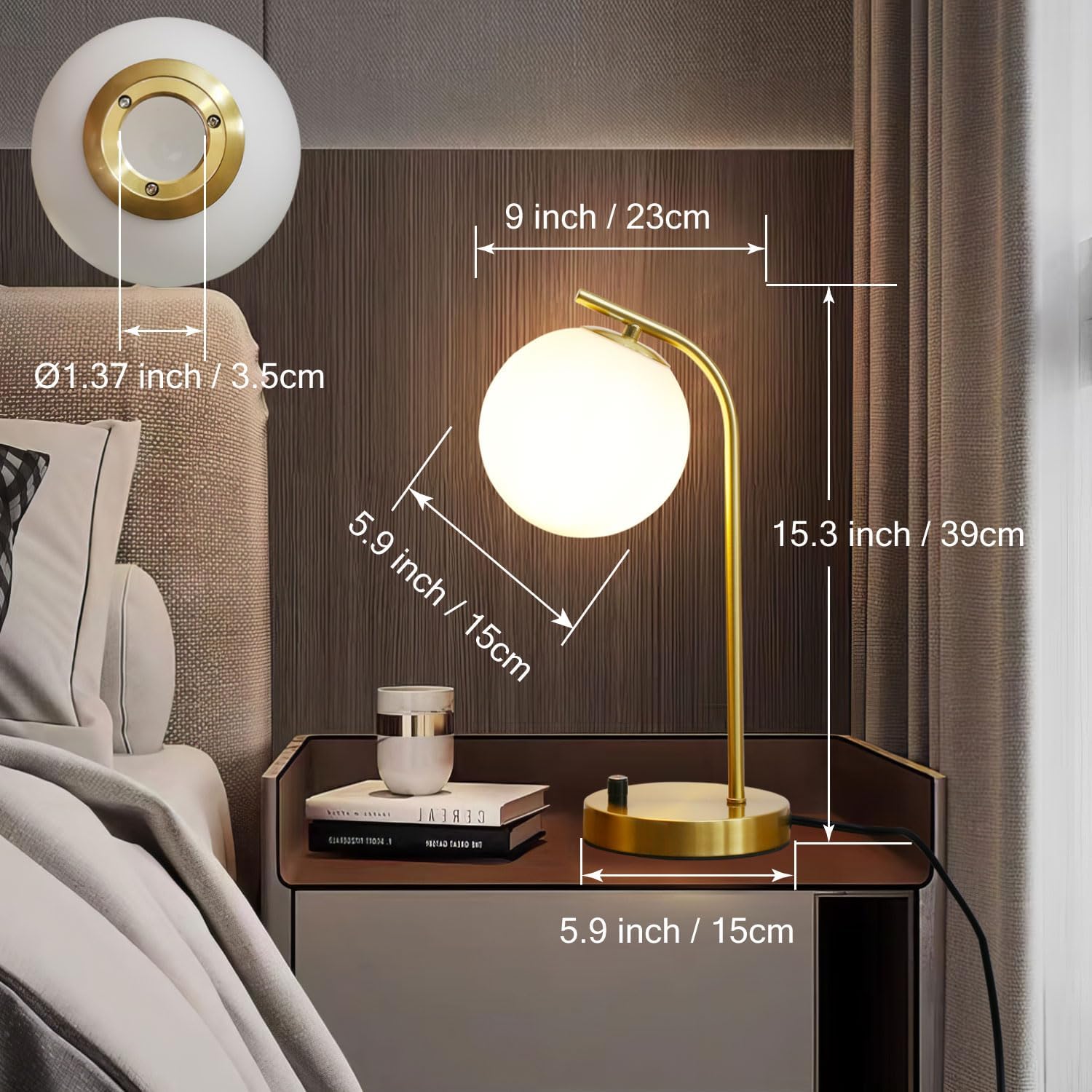 Mid Century Modern Dimmable Globe Table Lamp, Gold,15.3'' high | Minimalist Nightstand Desk Lamp with Milk White Glass
