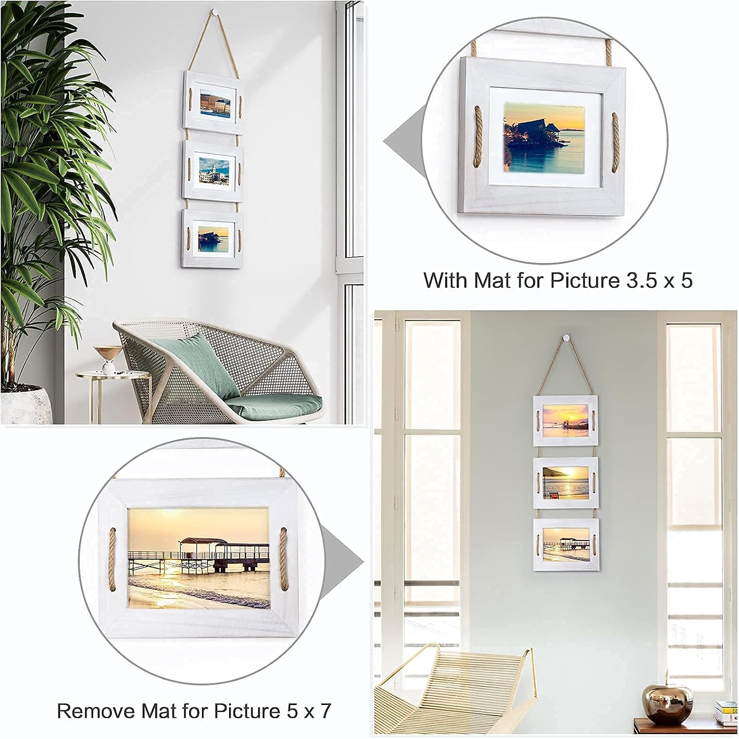 DLQuarts 5x7 Hanging Picture Frames Collage Wall Decor, 3-Opening Photo Frame 5x7 Without Mat & 3.5x5 with Mat, Rustic