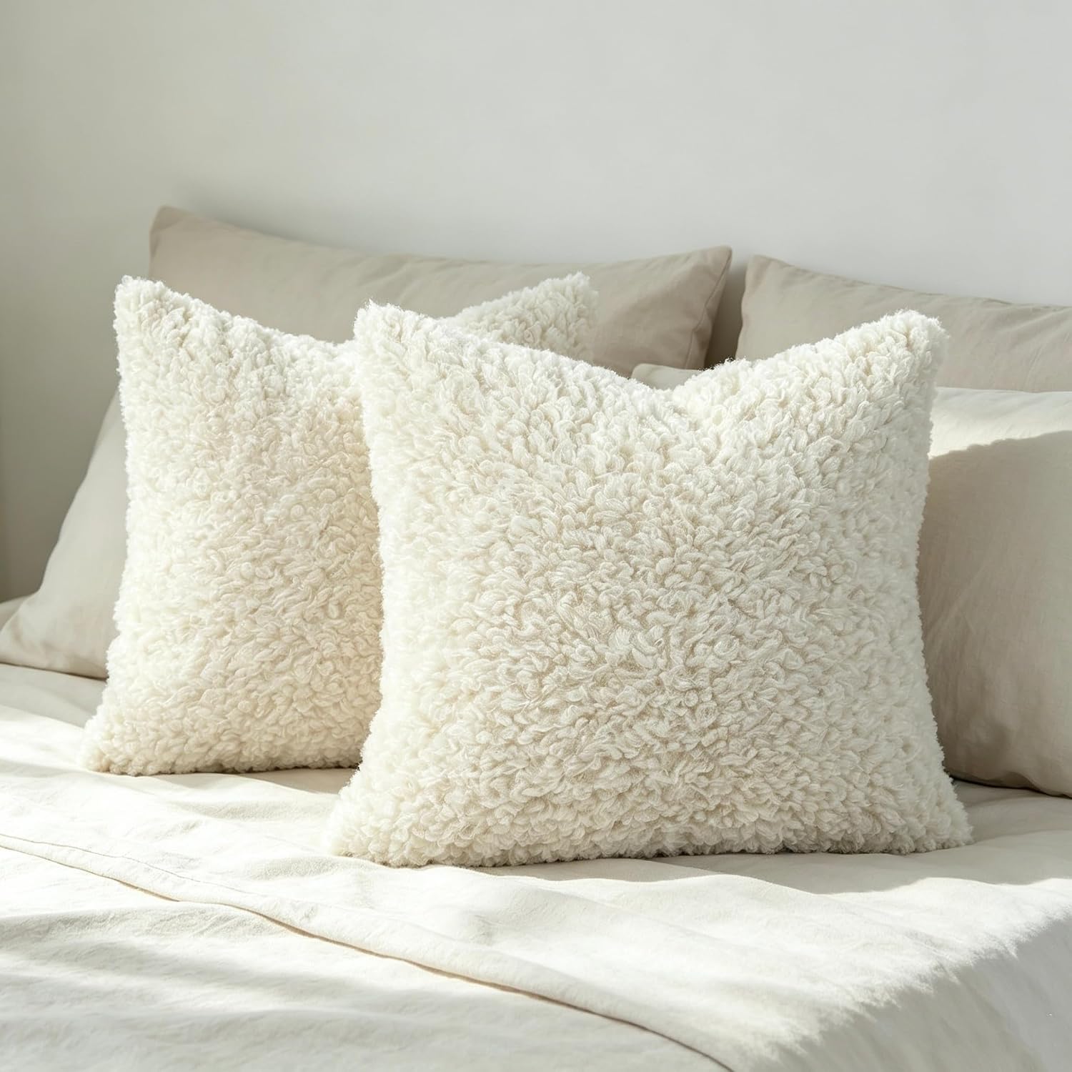 Faux Fur Decorative Pillow Covers Soft Fluffy Sherpa Boucle Throw / Light Beige / 18 x 18 / Set of 2