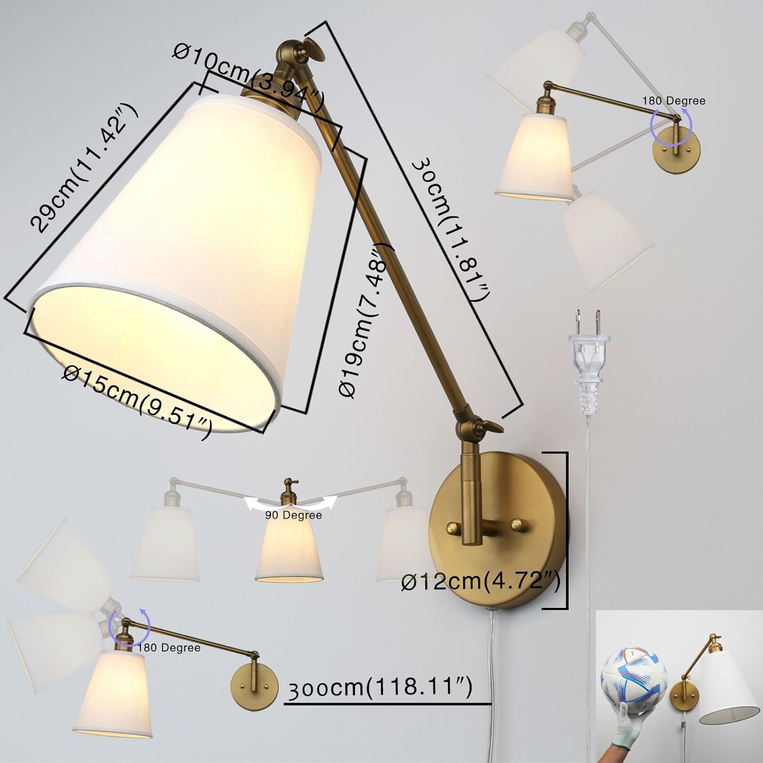 Retro Swing Arm Wall Sconce Plug in Wall Lamp Single Sconce Light Fixture with White Fabric Shade for Bedroom Living