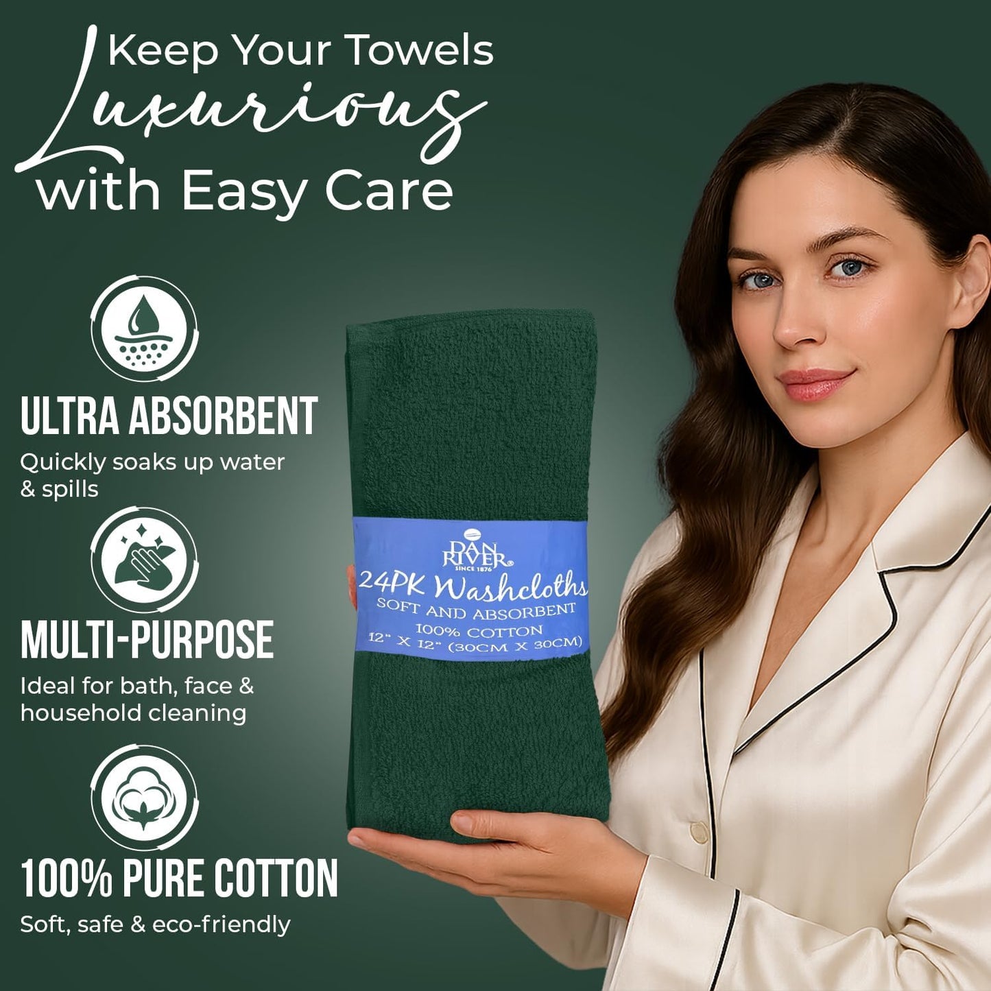 DAN RIVER 24 Pack Cotton Wash Cloths Set for Showering [12x12] Huntergreen | Lighter Weight, Quick to Dry, Super Soft &
