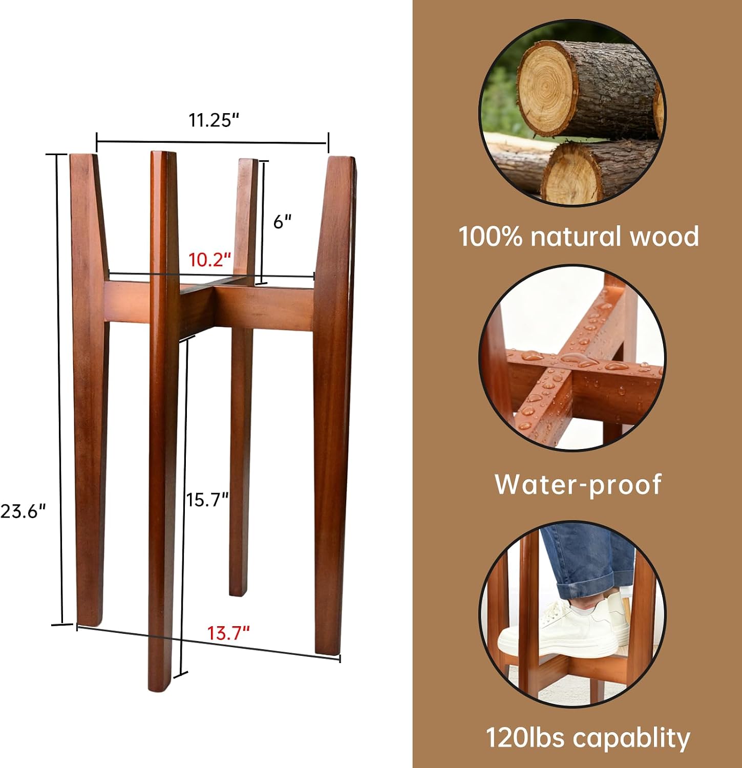 24" Tall Wood Plant Stand Indoor, Corner Flower Pot Plants Holder Outdoor | Sturdy, Modern Mid Century