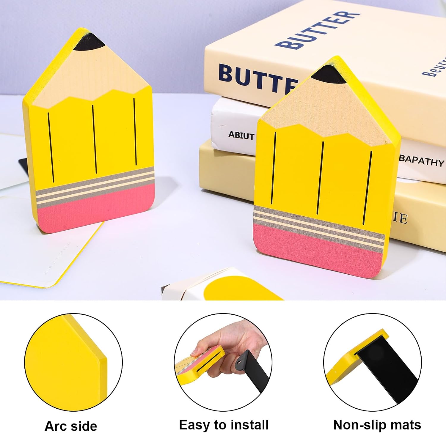 Pencil Wood Bookends Back to School Pencil Wooden Book Stands Non Skid Book / Yellow / Set of 2