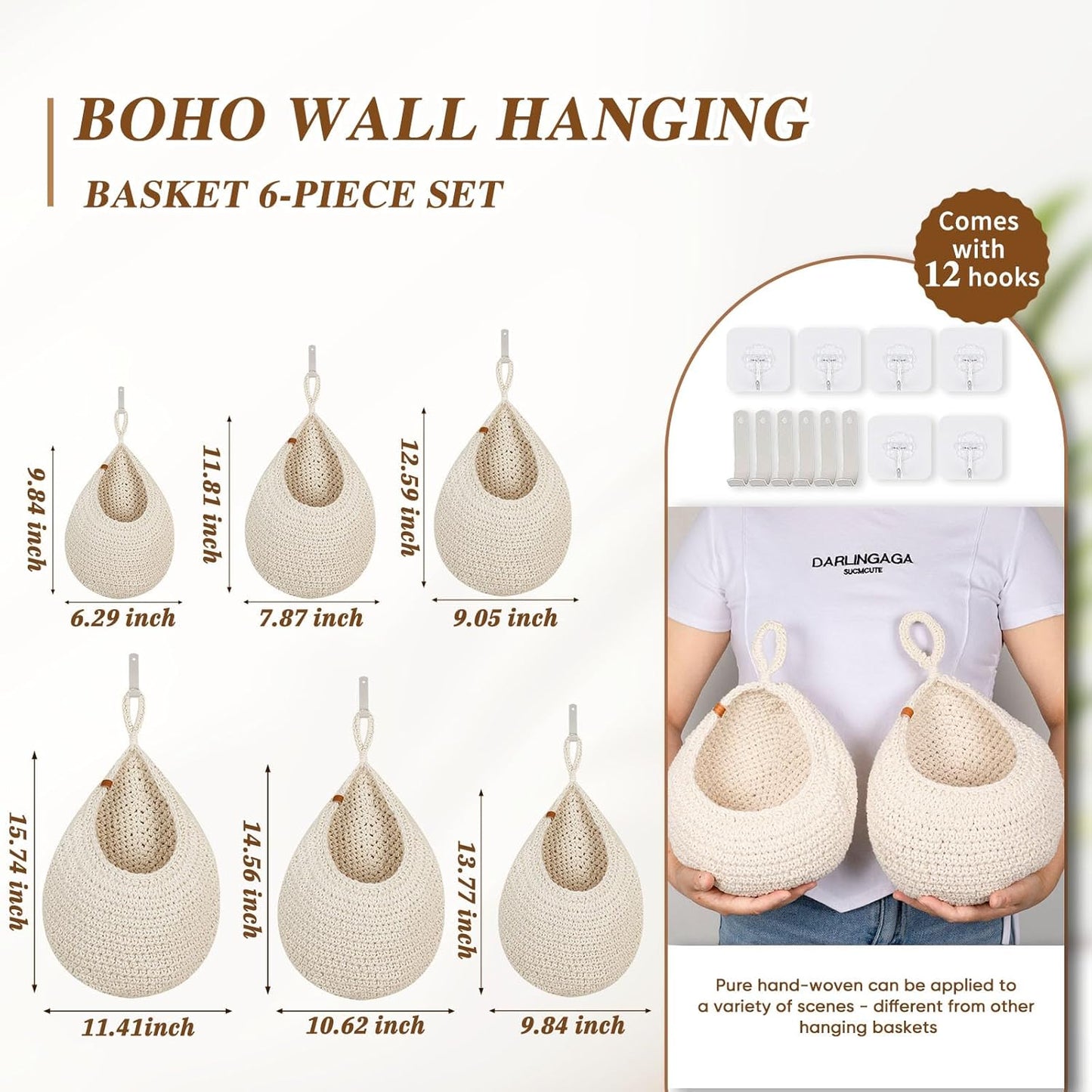 Boho Wall Hanging Basket / White / Set of 6