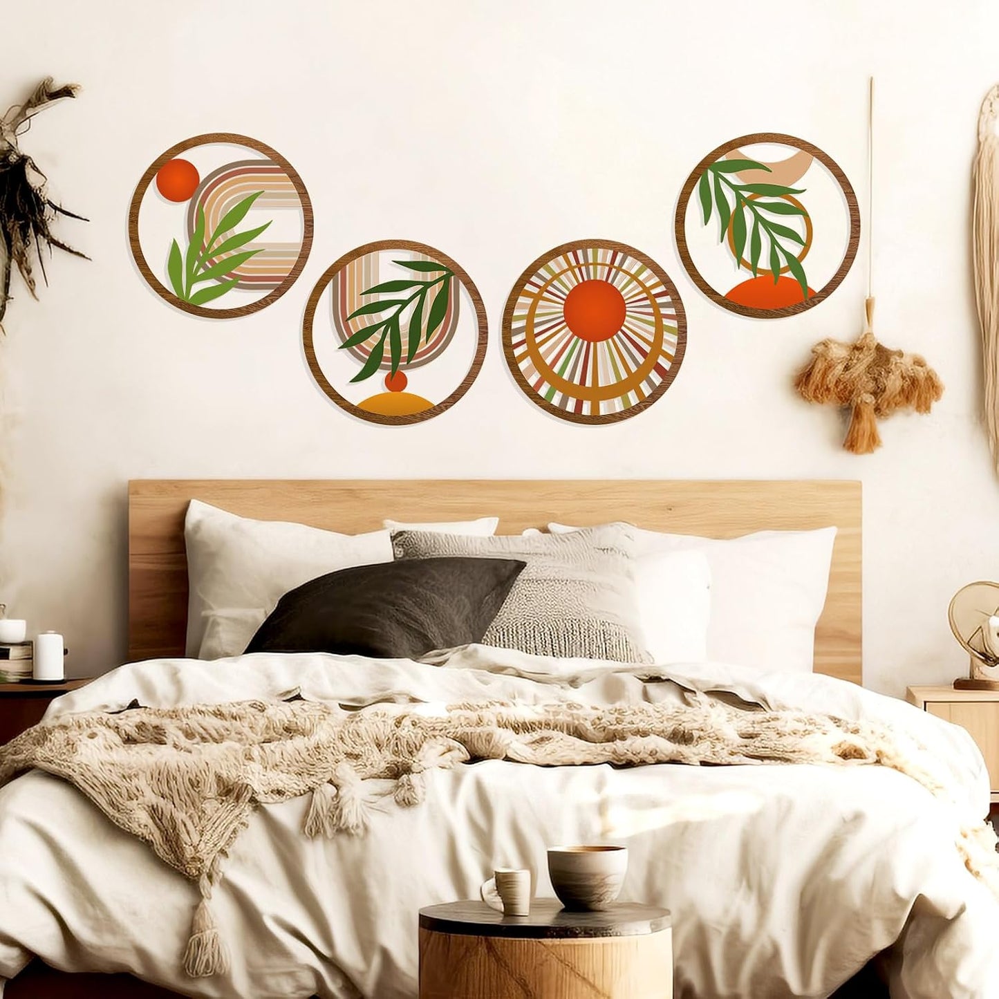 Boho Wall Decor Wooden Hollow Bobo Wall Art Bohemian Bedroom Decor / Rustic / 10 Inch / Set of 4