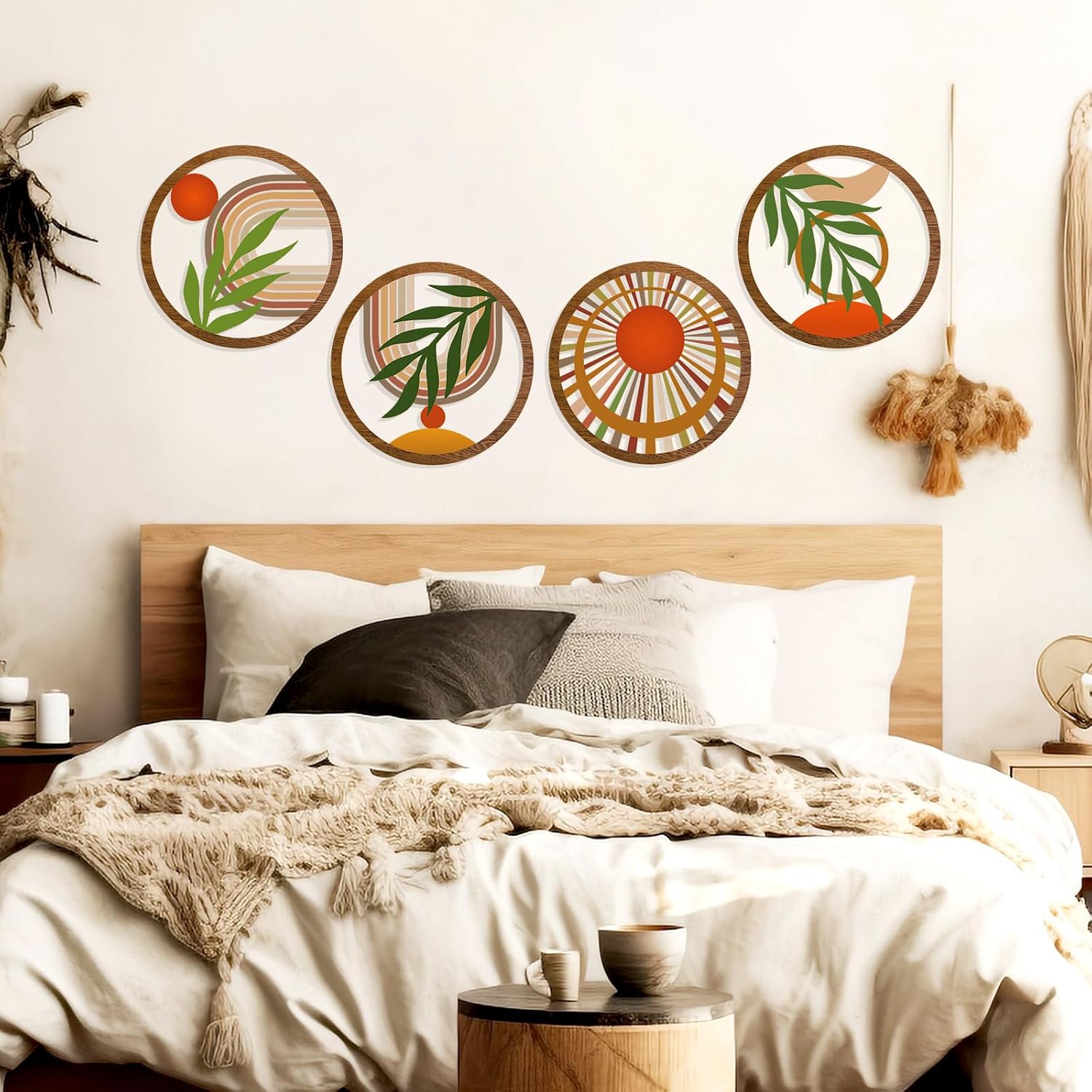 Boho Wall Decor Wooden Hollow Bobo Wall Art Bohemian Bedroom Decor / Rustic / 10 Inch / Set of 4