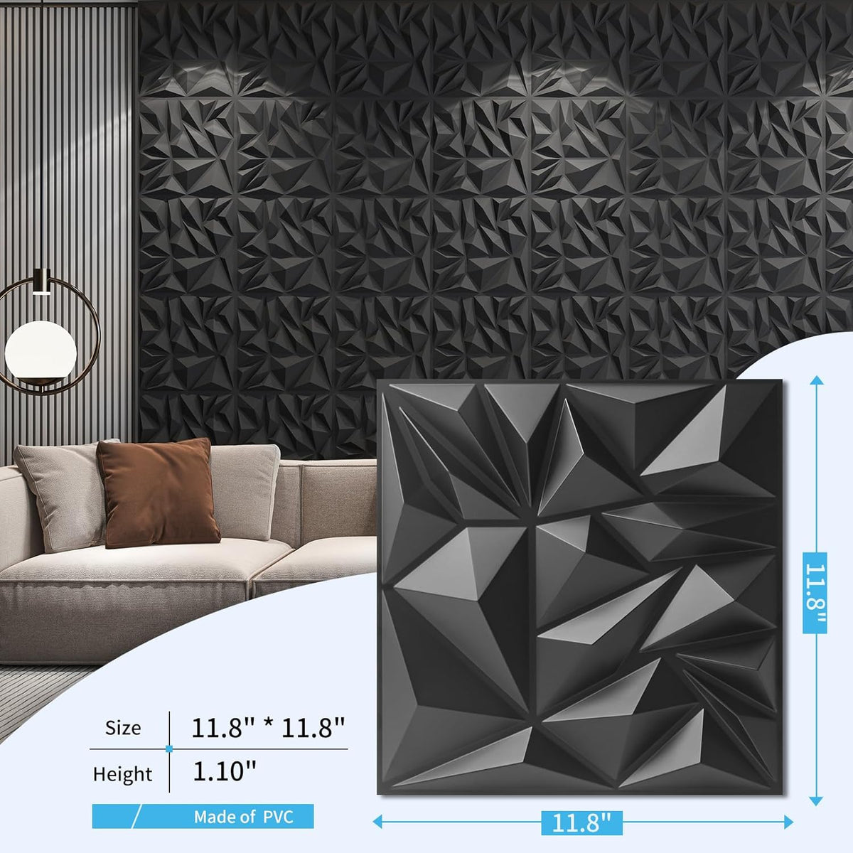 Art3d 50-Pack Modern Diamond Textured 3D Wall Panels, 12 x 12 in, Black | Light PVC, Waterproof, Scratch Proof
