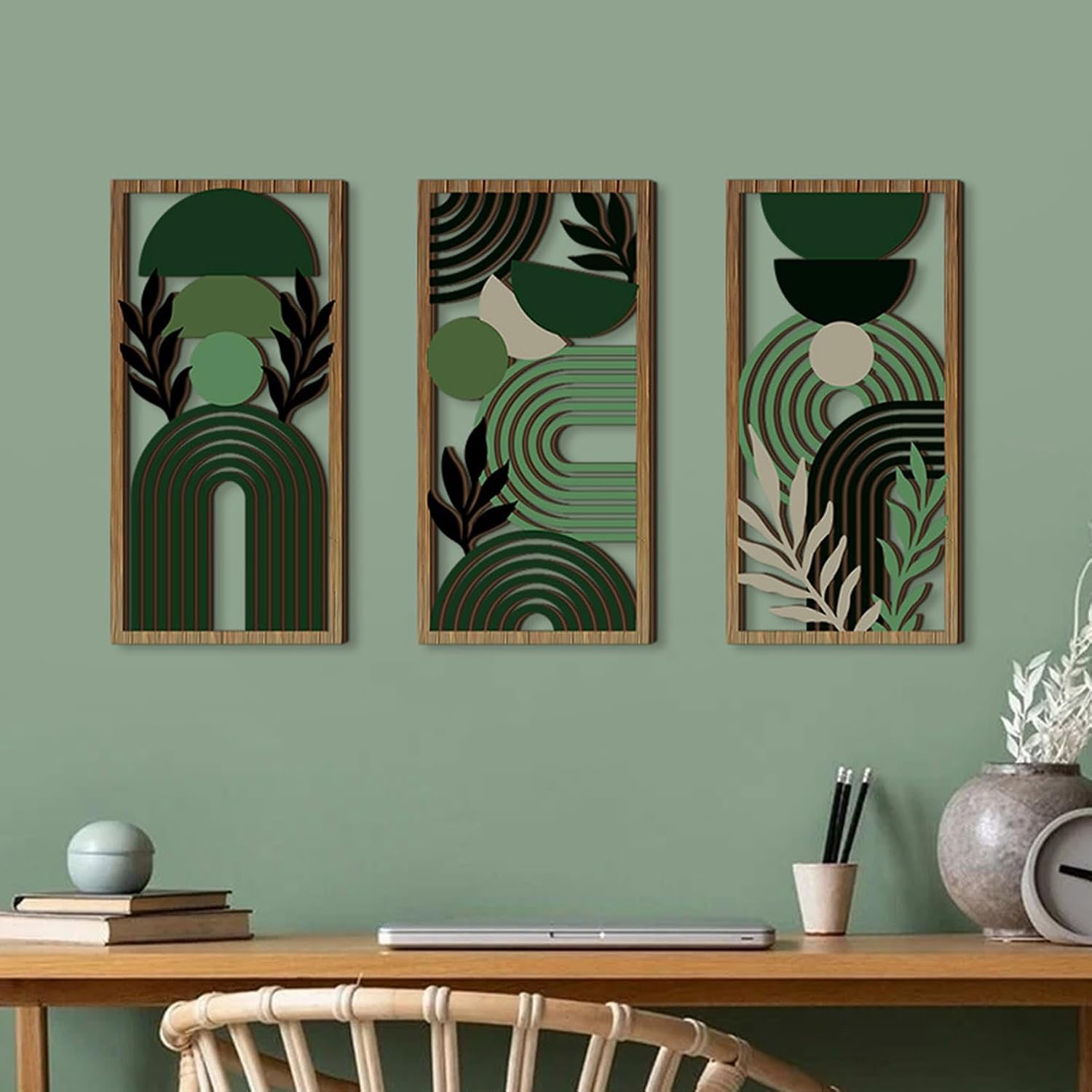 Modern Geometric Wall Art / 11.8"L x 5.9"W / Green / Set of 3