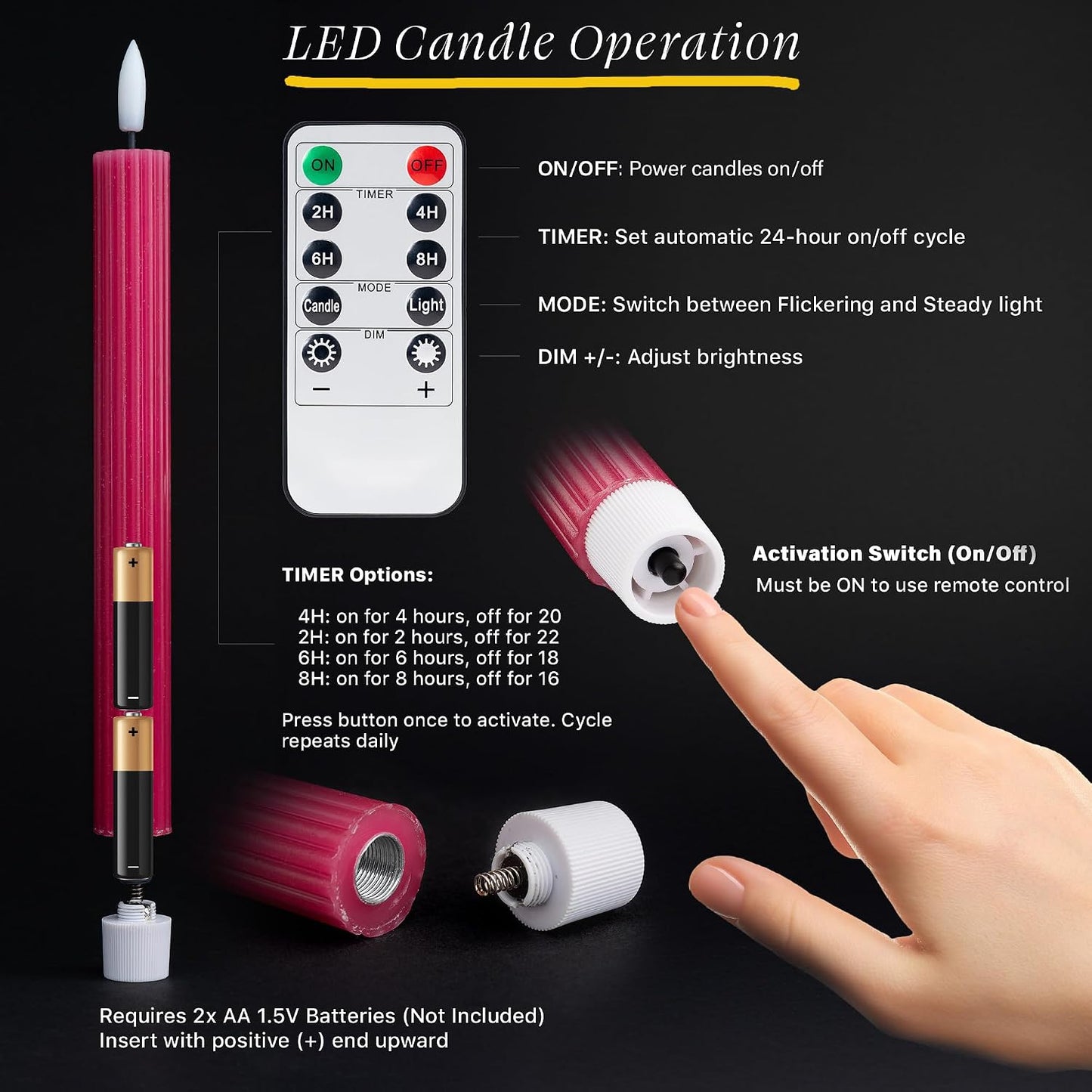 10" Fluted LED Pink Grooved Pillar Candles with 2 Remotes & 24h Timer Memory, On/Off Switch - Flameless Dimmable