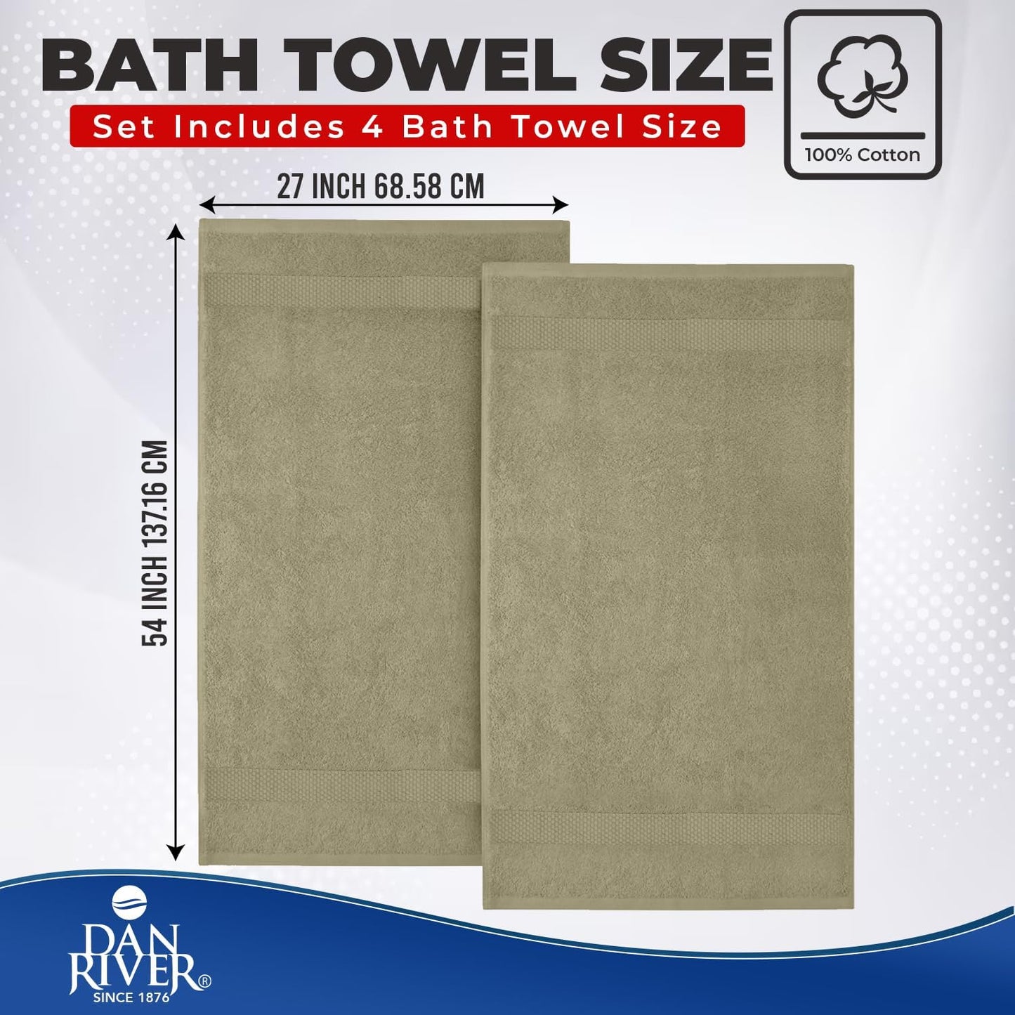DAN RIVER 600 GSM Cotton Large Bath Towels Set of 4, 27 x 54 Inches, Beige | Larger & Lighter Weight Towels for