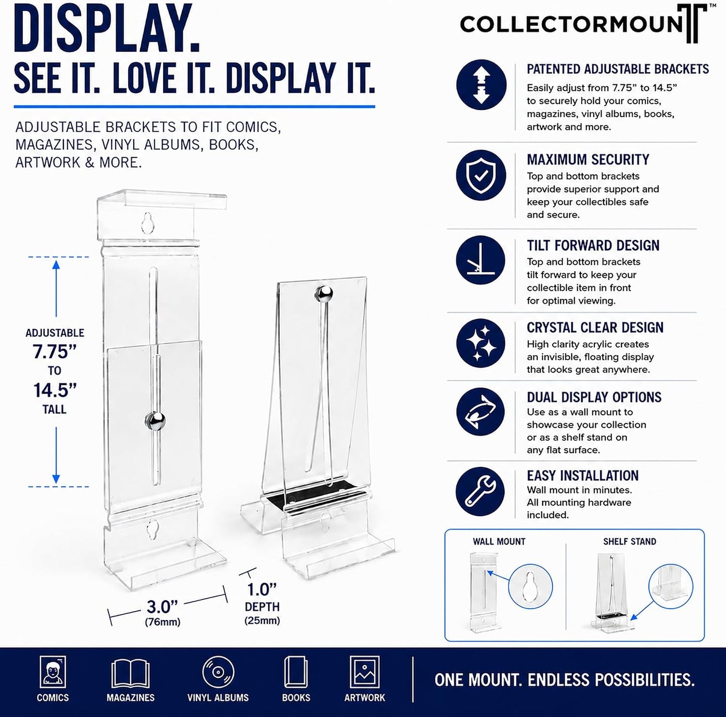 CollectorMount™ Comic Book Frame Wall Mount & Shelf Stand, 5 Pack | Patented Adjustable Display for Comic Books, Graded