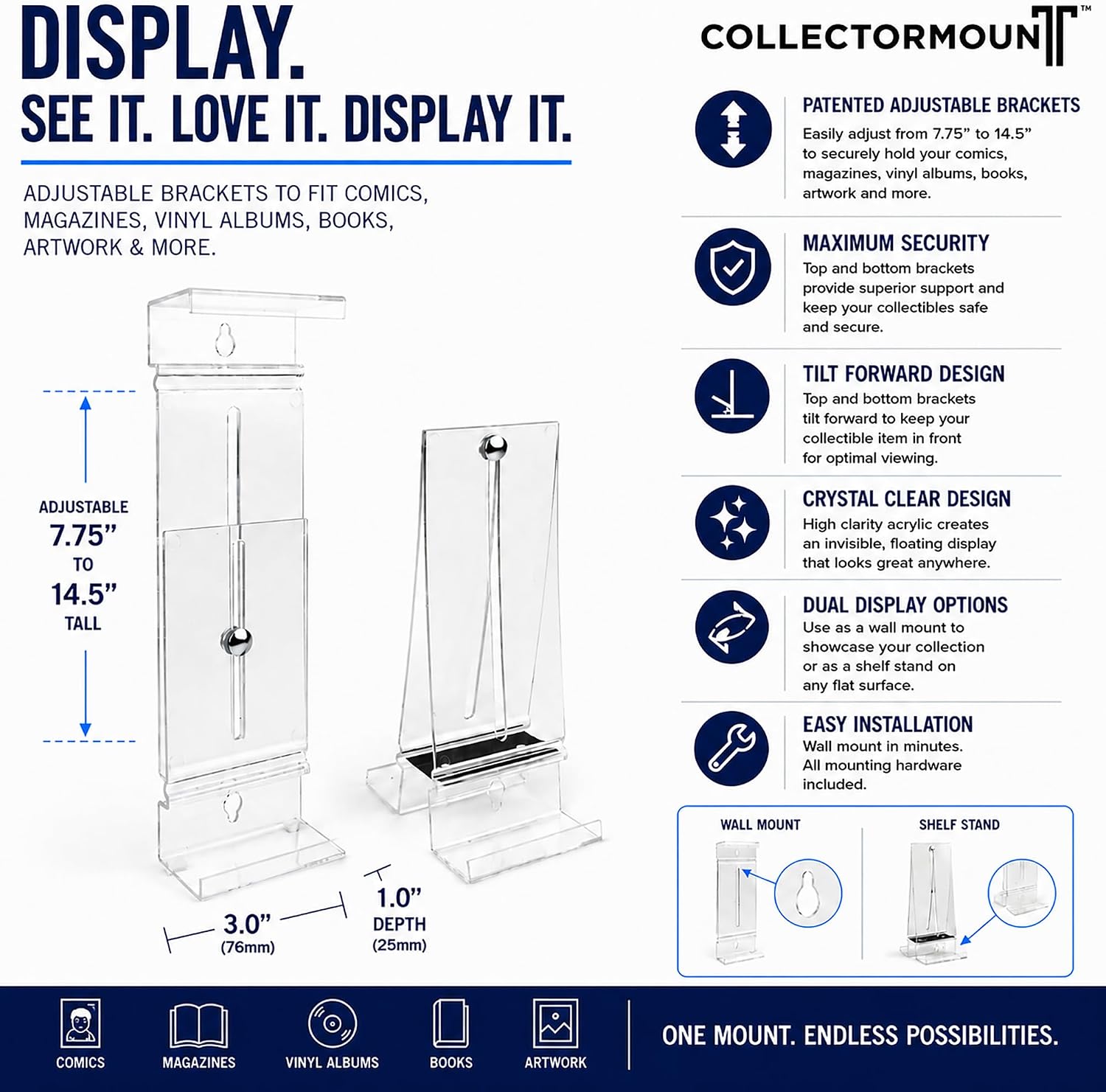 CollectorMount™ Comic Book Frame Wall Mount & Shelf Stand, 5 Pack | Patented Adjustable Display for Comic Books, Graded