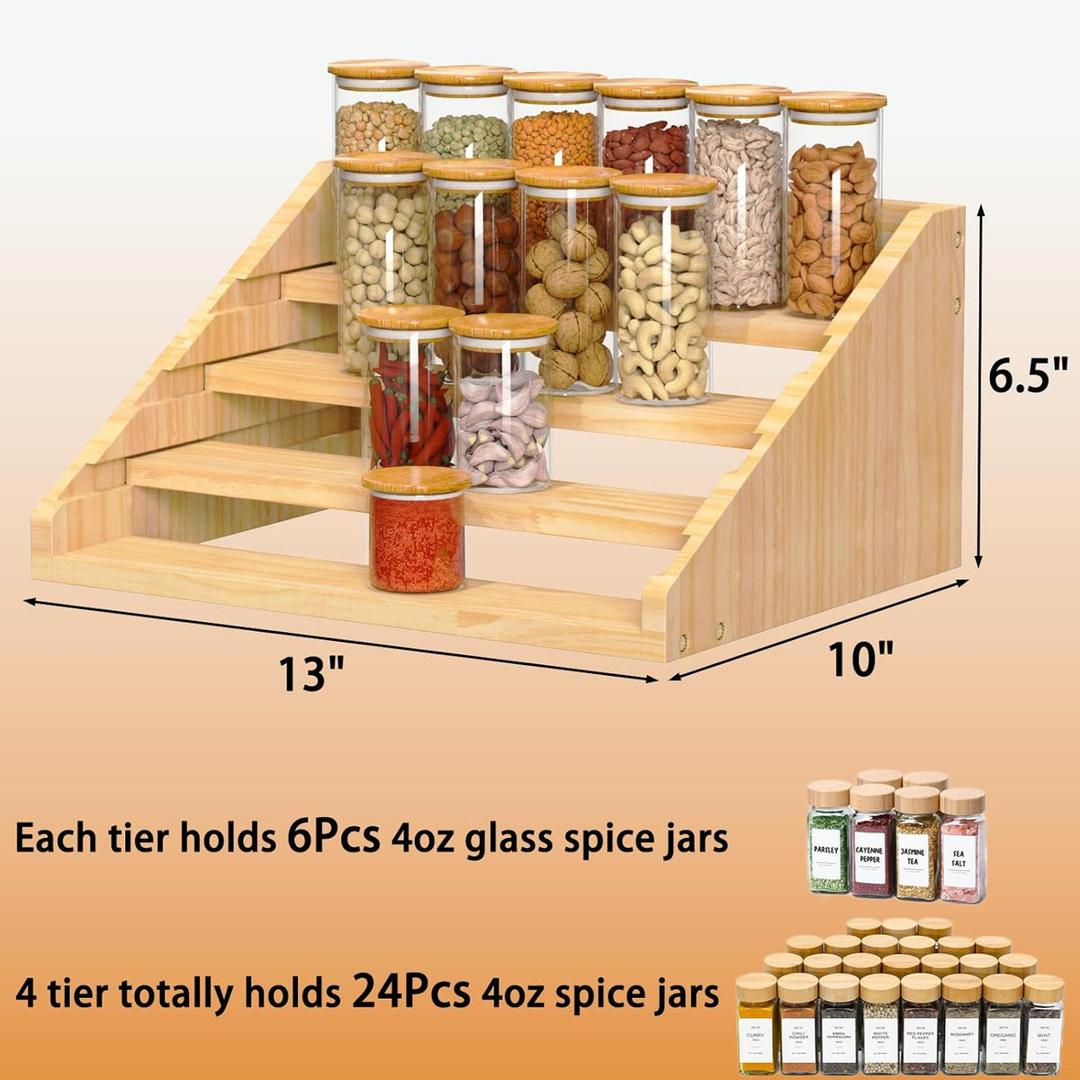 Solid Wood Spice Rack Organizer for Countertop & Cabinet, 4 Tier Adjustable Wooden Spice Shelf with Sliding Track
