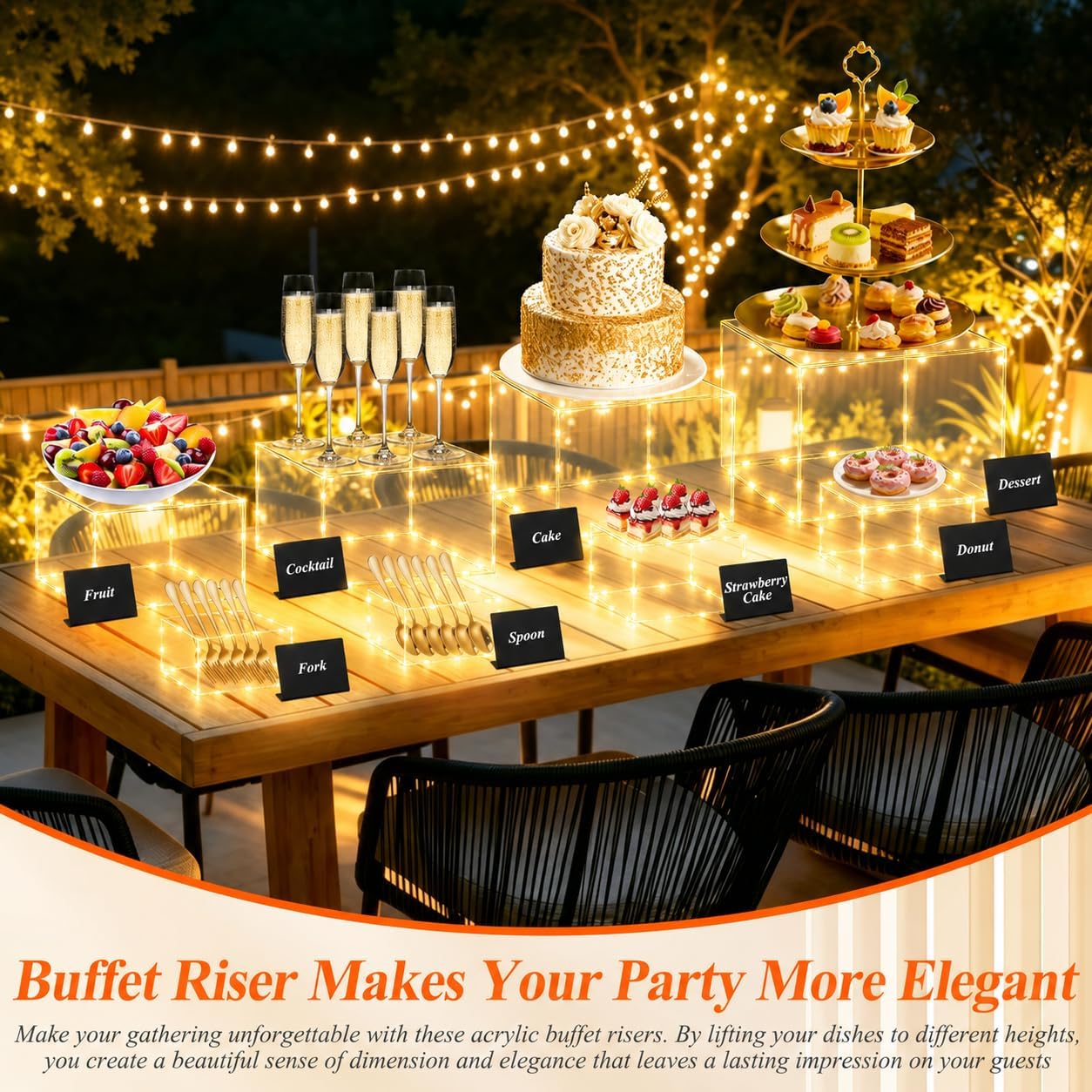 8 Pcs Clear Acrylic Buffet Risers with LED Fairy Lights, Acrylic Food Risers with Mini Sign and Maker, Clear Buffet