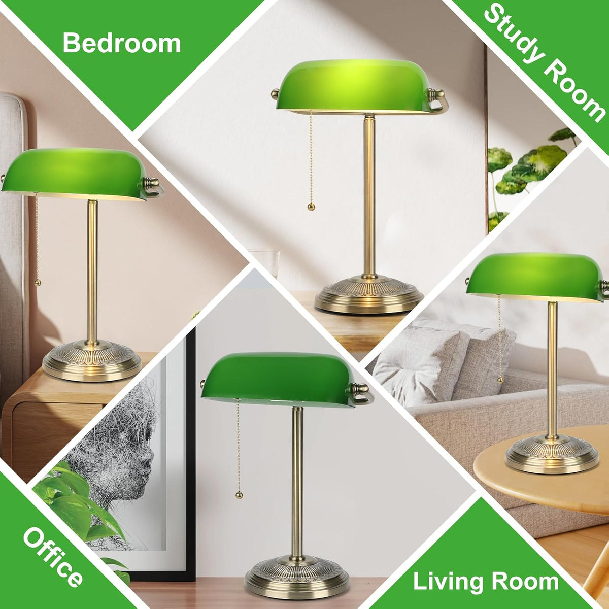 Bankers Lamp, Brass Finish with Pull Switch, Green Glass Shade | Classic Desk Lamp for Home, Office, Study, Piano