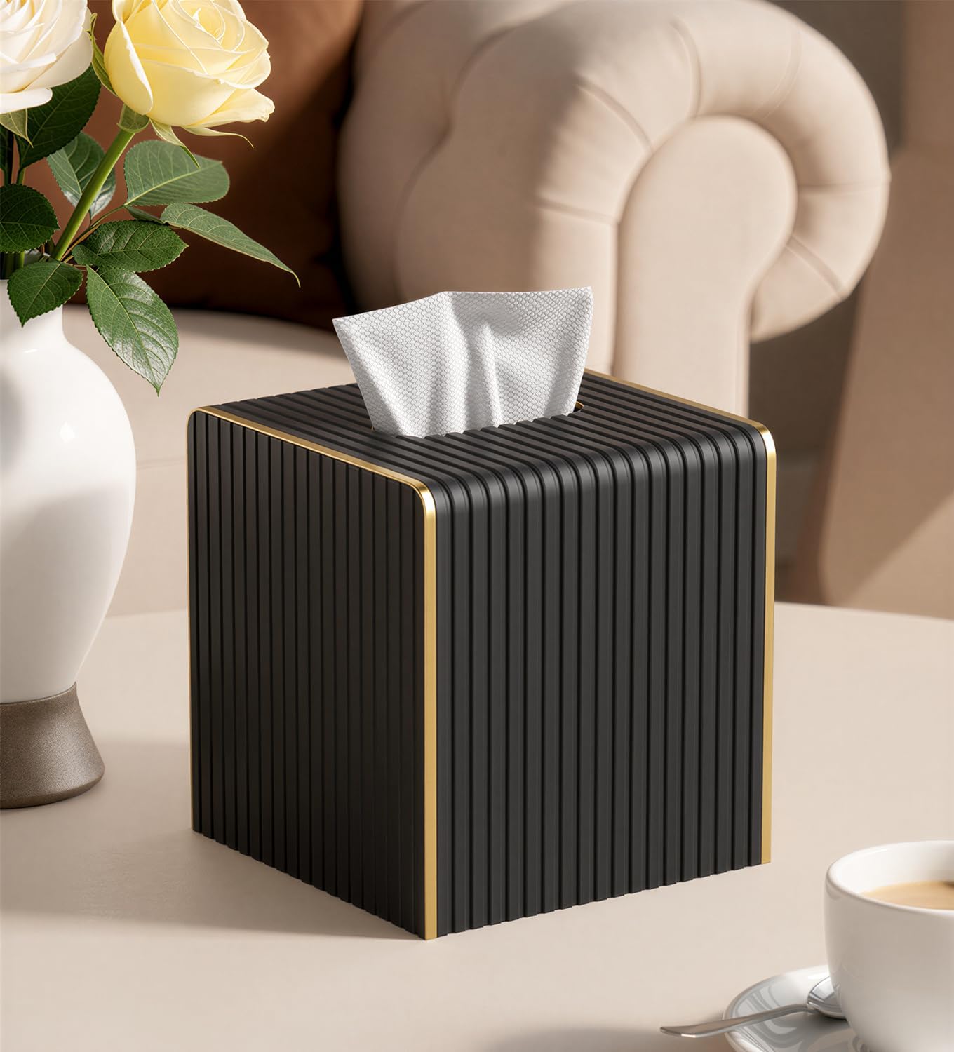 Tissue Box Cover Square / Blacks / Gold