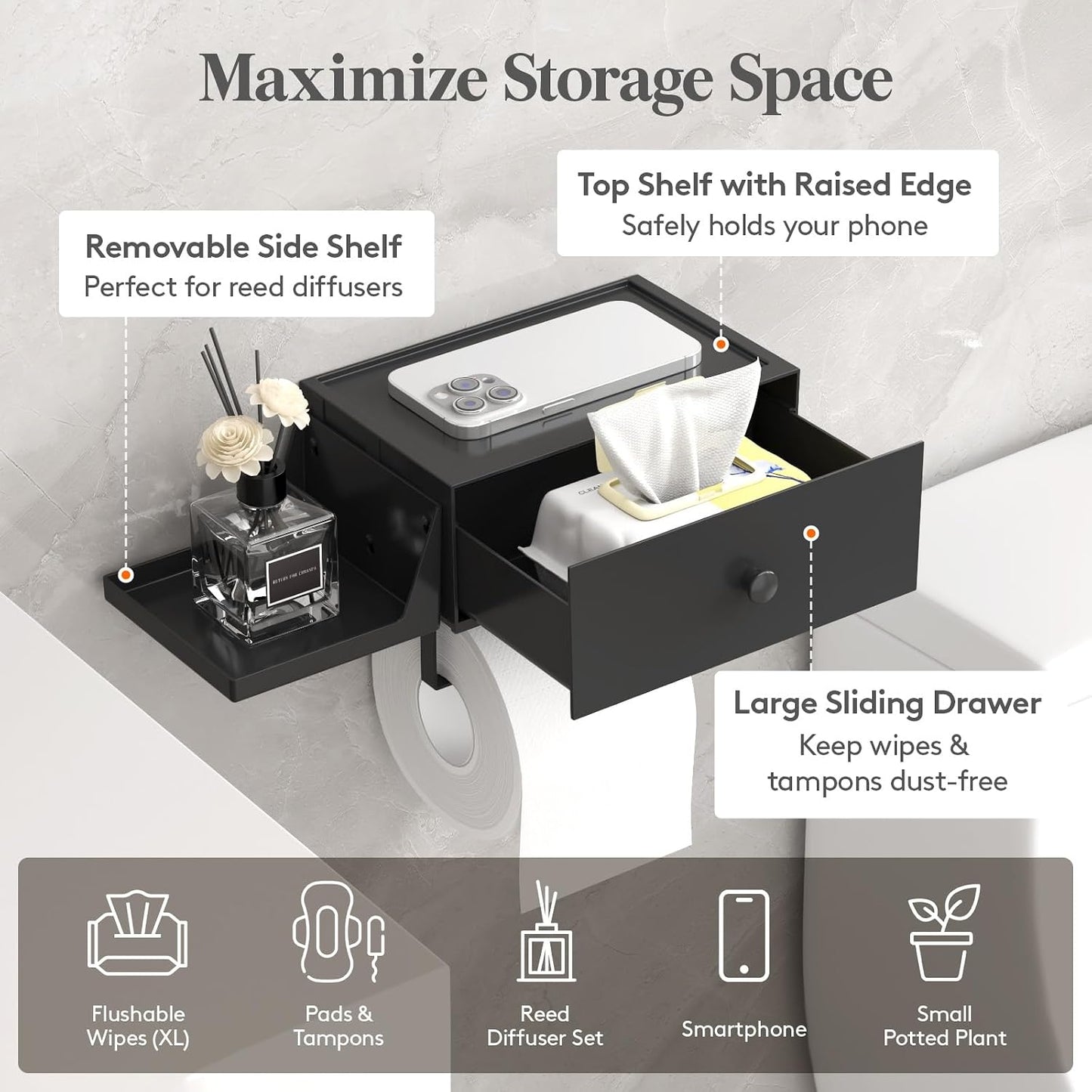Lifewit Toilet Paper Holder Wall Mount with Shelf & Drawer, Black, 2 Pack | Screw or adhesive installation, sturdy