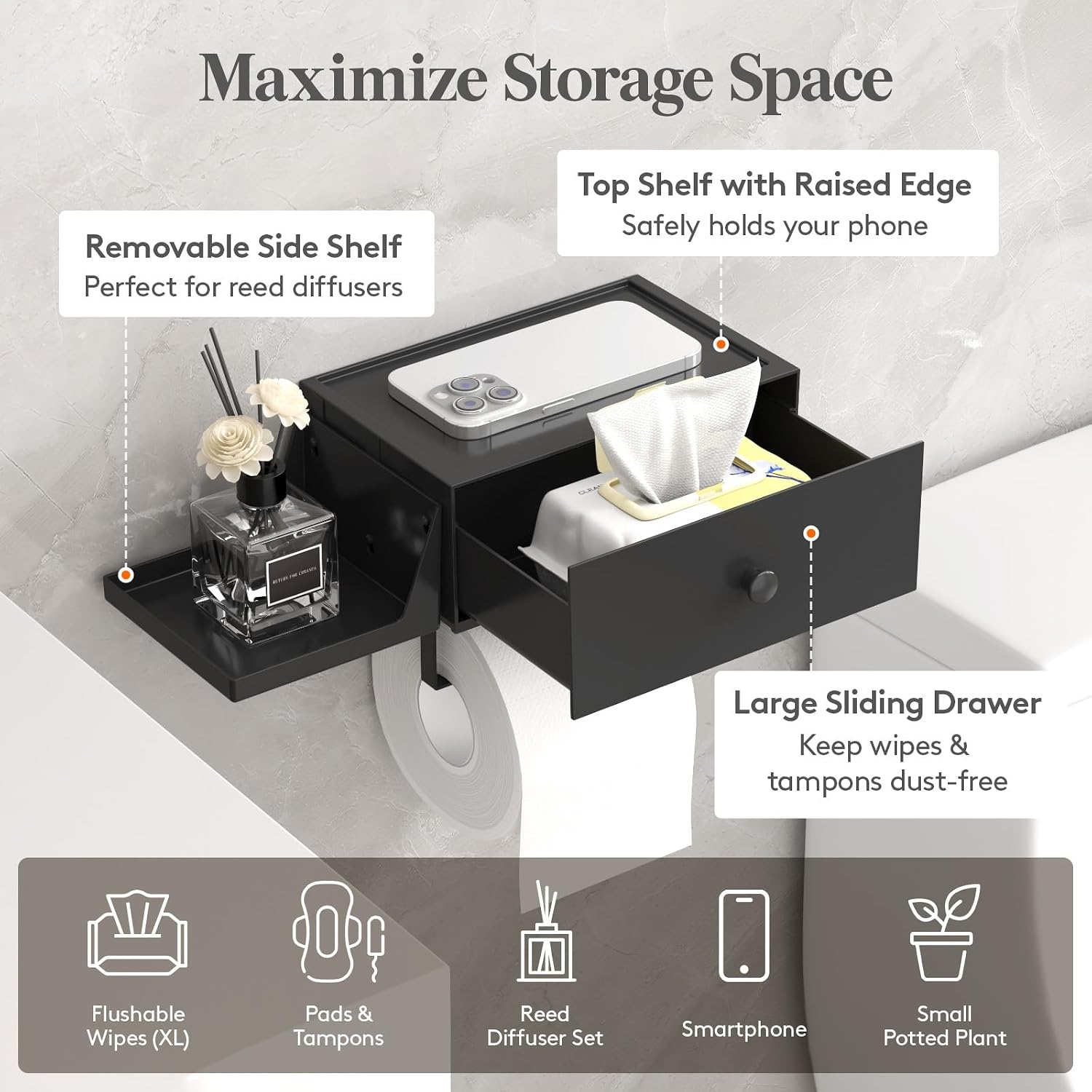 Lifewit Toilet Paper Holder Wall Mount with Shelf & Drawer, Black, 2 Pack | Screw or adhesive installation, sturdy