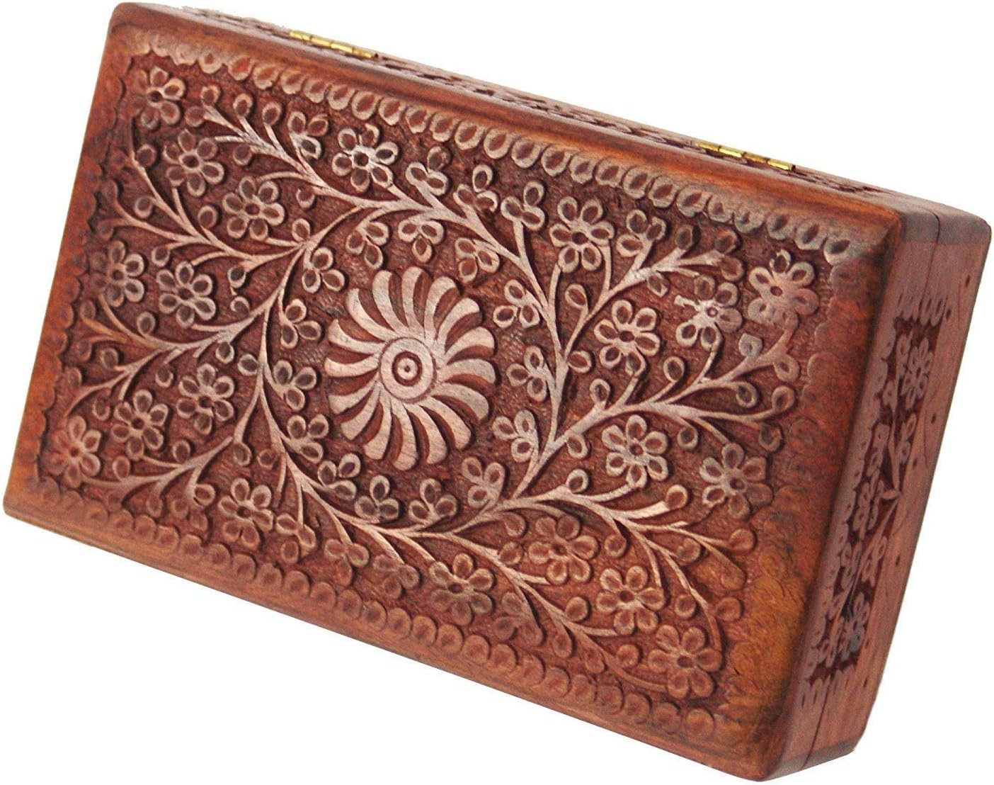 Wooden Handcarved Decorative Jewelry Storage Box Flower Design Multipurpose Treasure Chest / 8 x 5