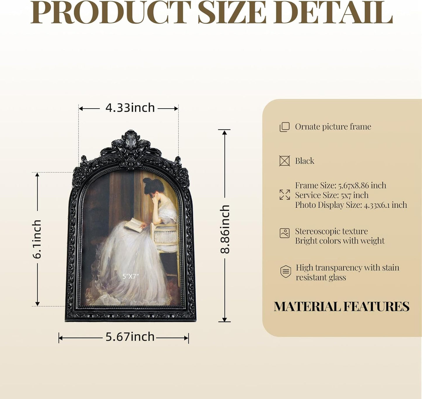 Vintage Picture Frame Black Frame / Black Arch / 5 x 7