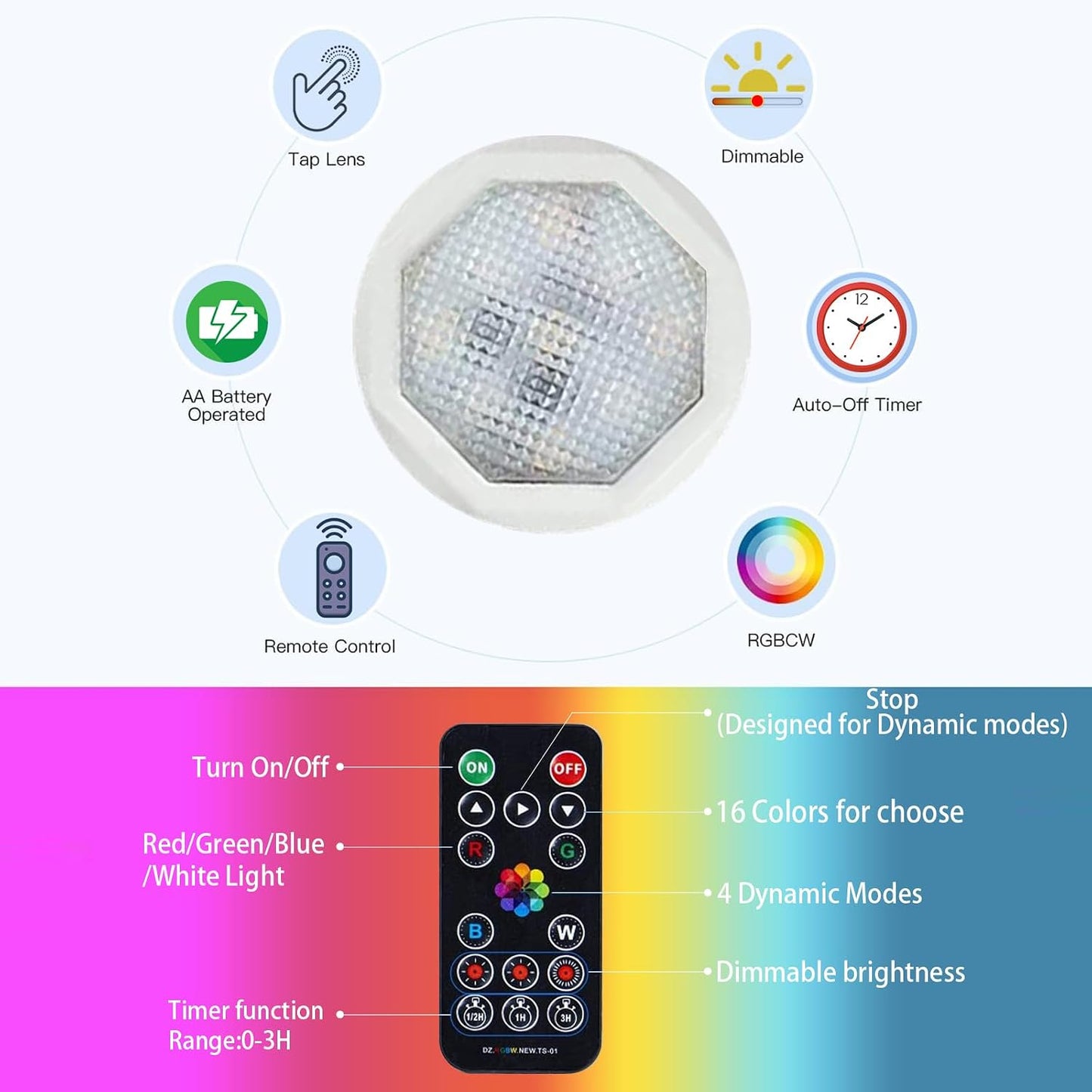 FINCMY Battery Operated Wall Sconces Set of Two, 18 RGB Colors Stick on Wall Lights with Remote, Changeable Dimmable