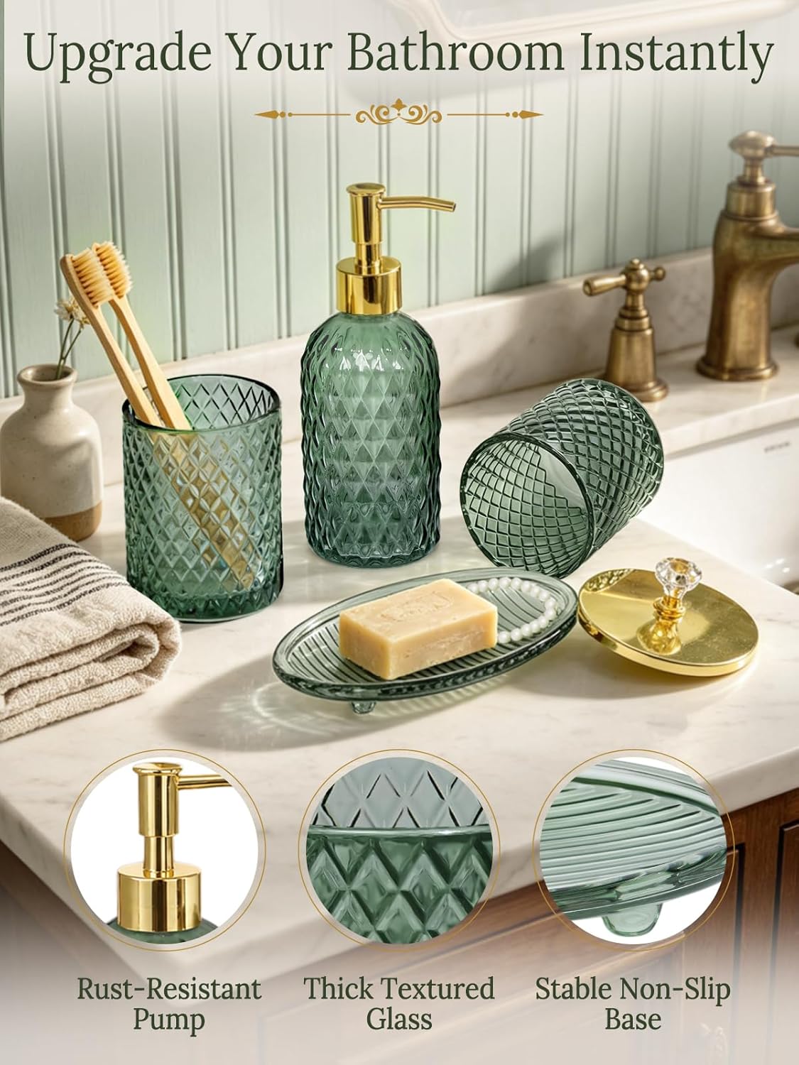 Glass Complete w/Bathroom Soap Dispenser Set / Bathroom Set / Sage Green / Set of 4