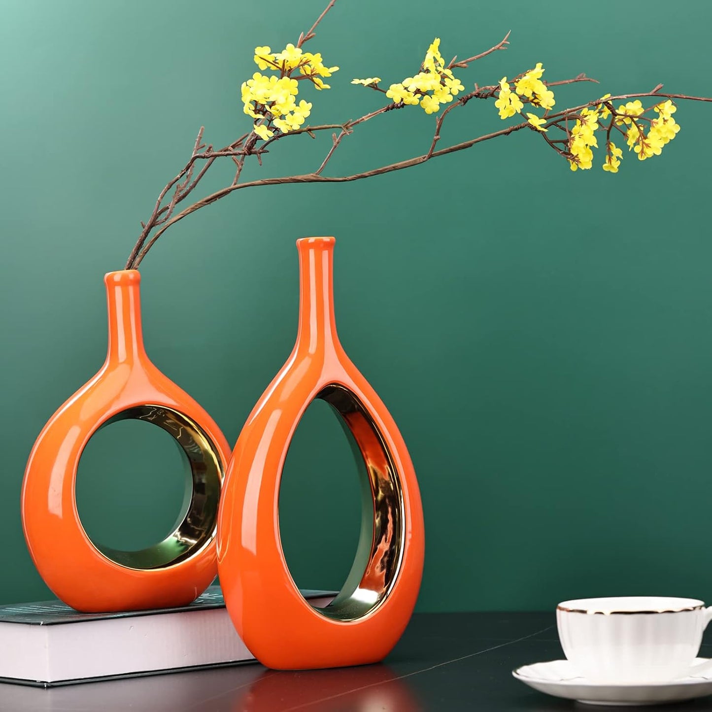 Vase Ceramic Orange Vases Home Decor / Orange and Gold