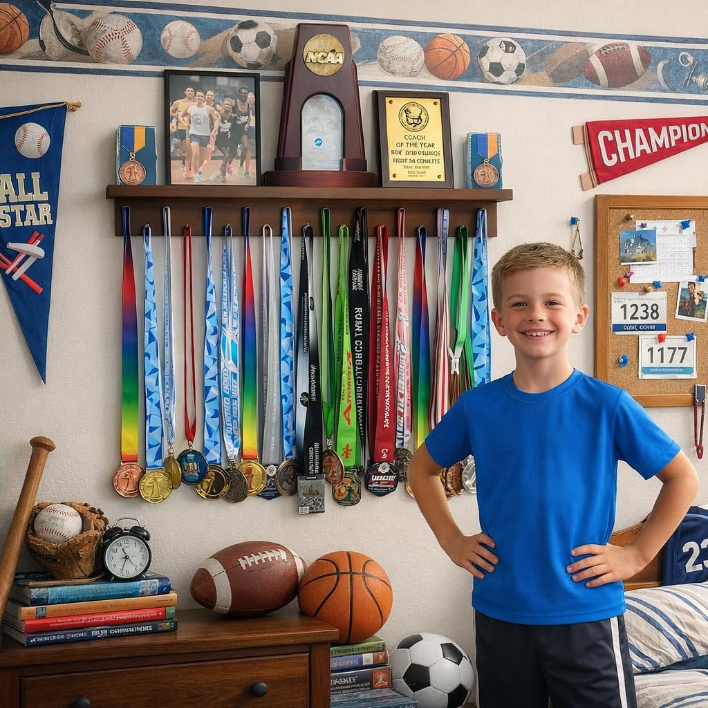 Premier Medal Hanger Display Rack and Trophy Shelf for Gymnastics, Soccer, Basketball, Football, and More – 2, ft