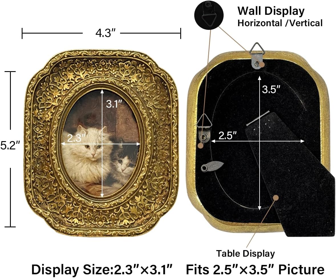 Vintage Small Picture Frame / Gold / 2.5 x 3.5 / Oval