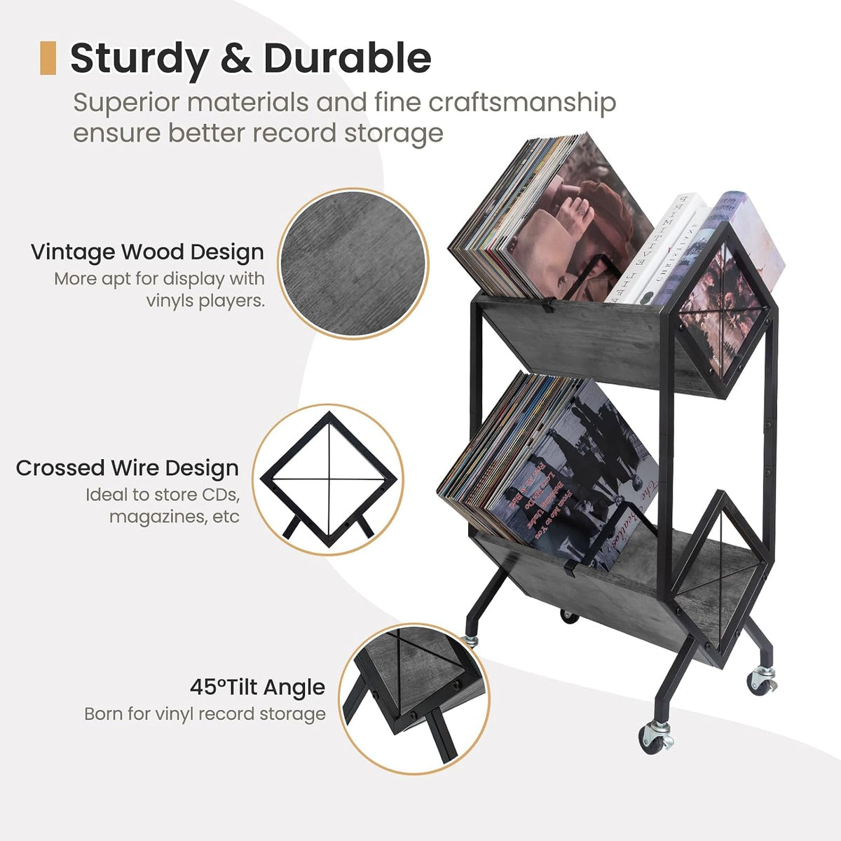 SwaaVee Vinyl Record Storage Holder with Wheels, 2-Tier Record Holder 160-200 LP with Dividers, Retro Style Quick