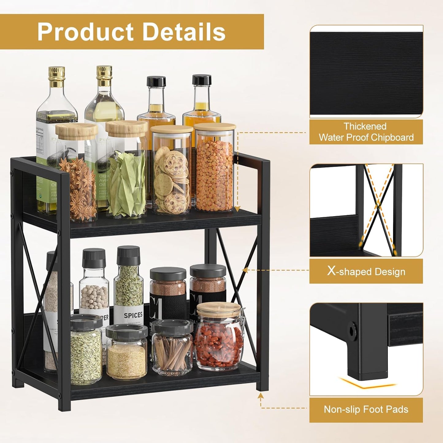 Giikin Countertop Organizer, 2 Tier Coffee Station Organizer for Desktop, Wood Counter Shelf Spice Rack for Kitchen