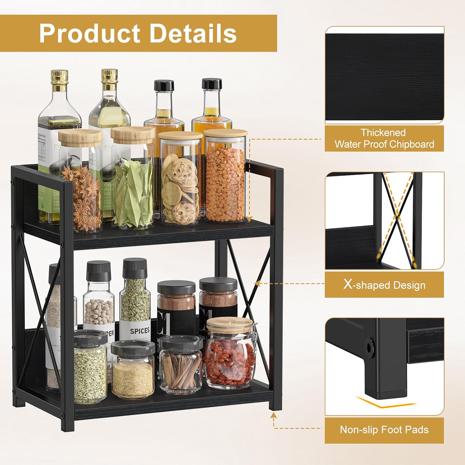 Giikin Countertop Organizer, 2 Tier Coffee Station Organizer for Desktop, Wood Counter Shelf Spice Rack for Kitchen