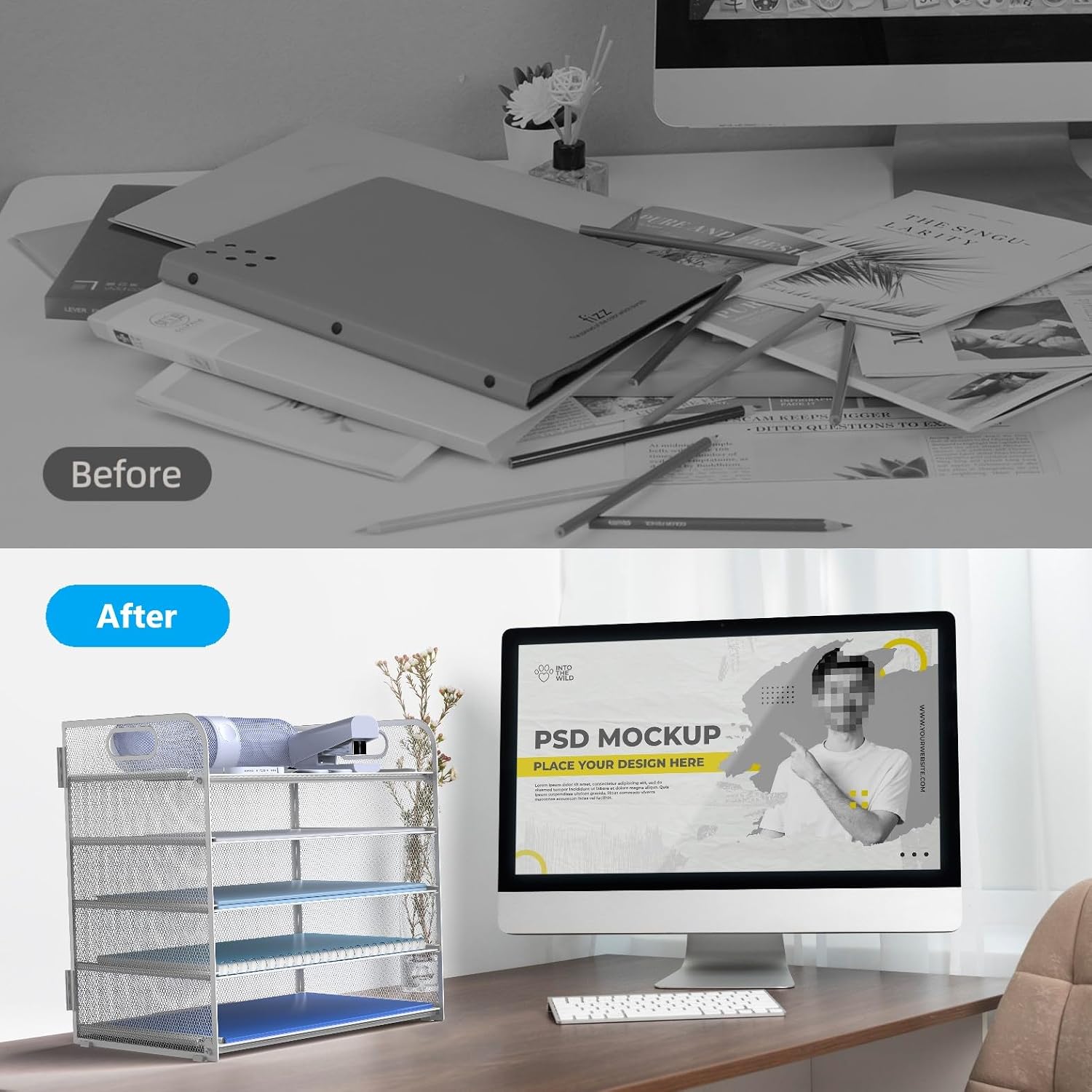 Letter Tray Paper Organizer 5-Tier Desk Organizer File Organizer Paper Holder with Handle, Metal Desktop Document Shelf