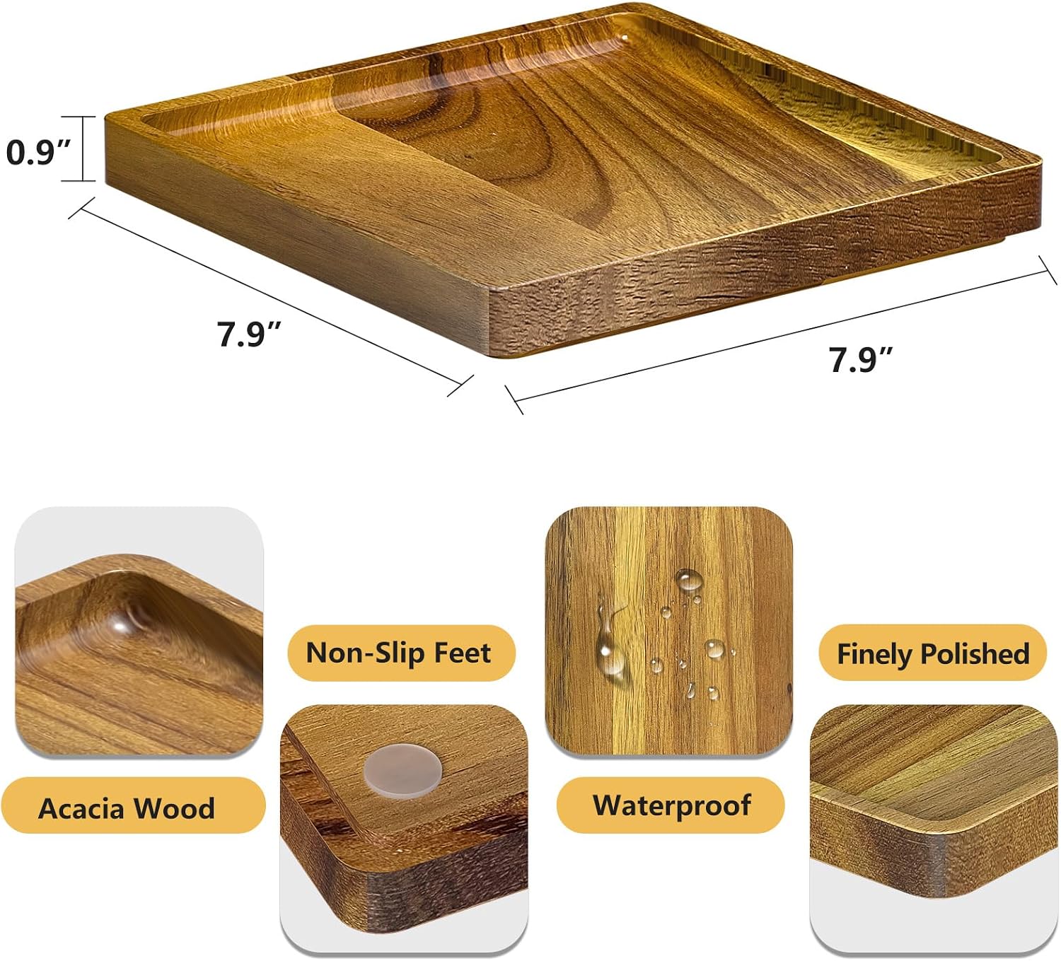 Square Wood Bathroom Vanity Tray for Soap Dispenser / Acacia / 7.9 x 7.9 x 0.8