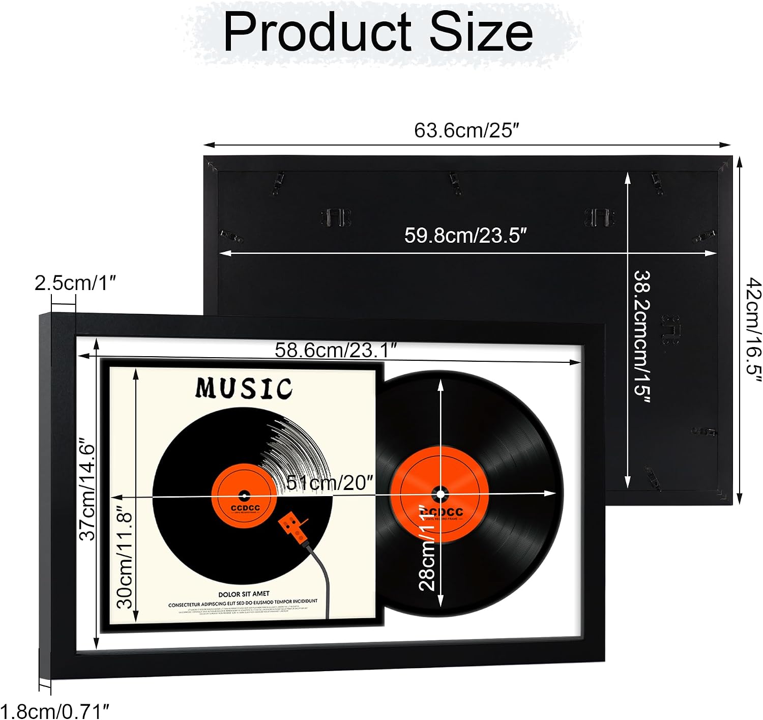 ccdcc 16.5x25 Vinyl Record Display Frame 1 Pack, Black Wooden Album Record Frame with Mats and Tempered Glass Cover for