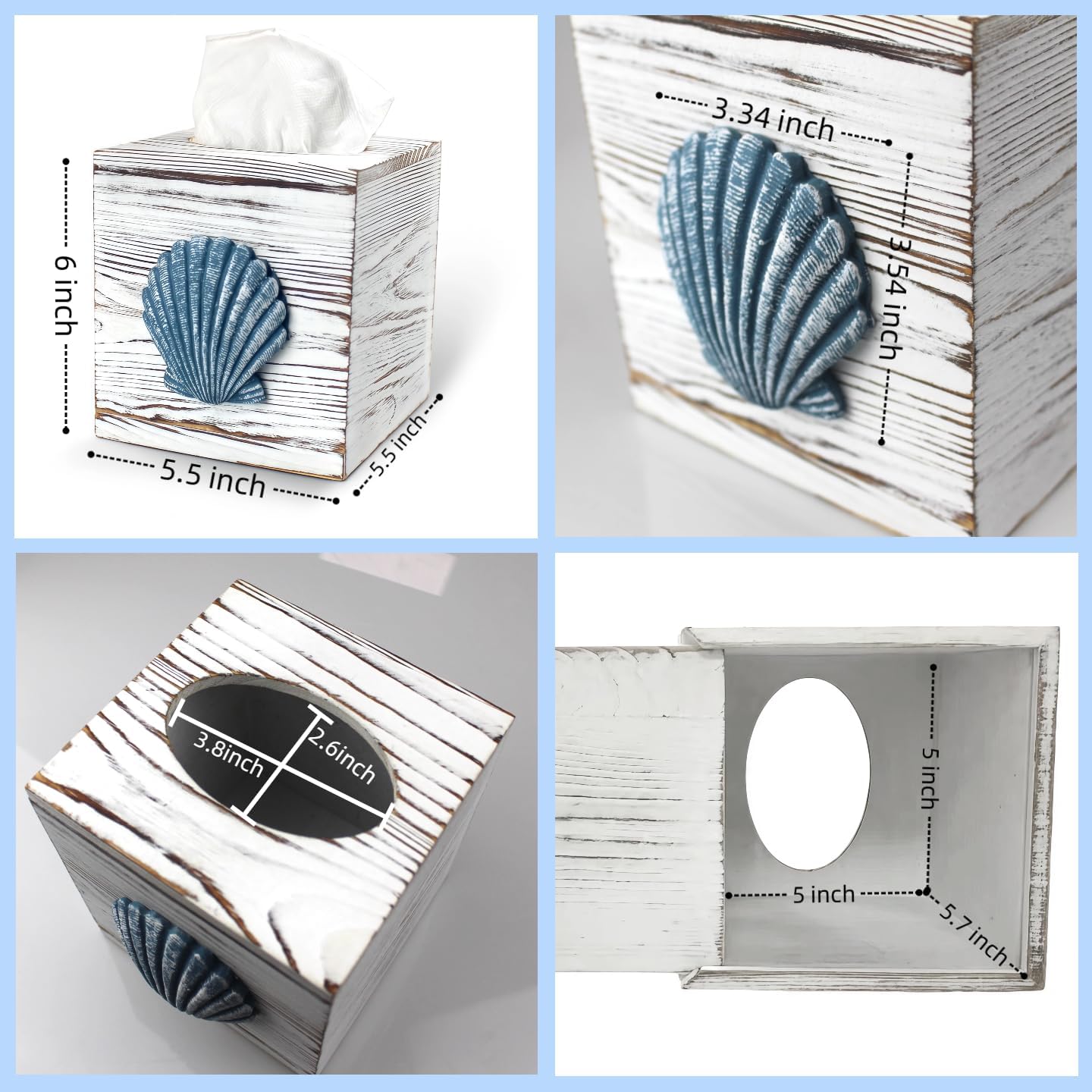 Coastal Tissue Box Cover Wooden Retro / Seashell