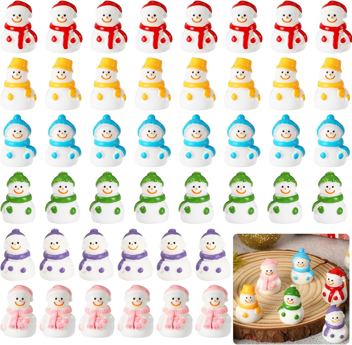 JUNEBRUSHS 50 Pcs Mini Resin Snowman, Christmas Snowman Figurines Winter Miniature Snowmen Ornaments for Christmas DIY Craft Fairy Garden Dollhouse Decor