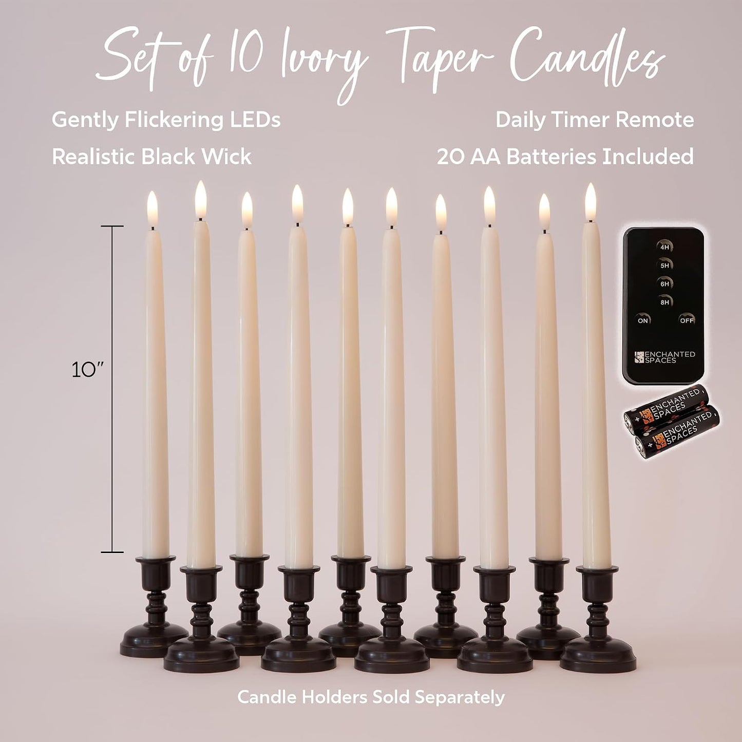 Set of 10 Daily Timer Flameless LED Ivory 10" Taper Candles with Realistic Black Wick, Daily Timer Remote Control and