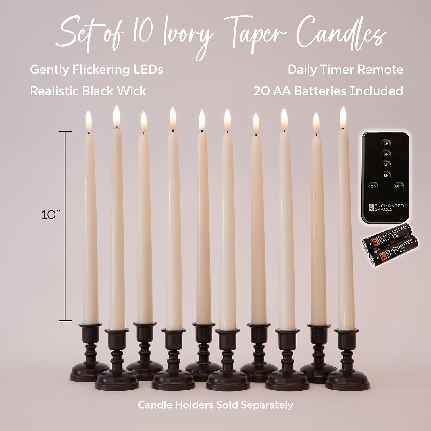 Set of 10 Daily Timer Flameless LED Ivory 10" Taper Candles with Realistic Black Wick, Daily Timer Remote Control and
