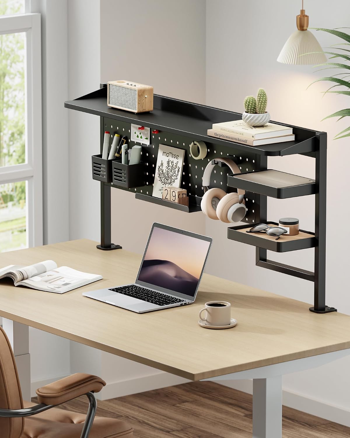 Clamp on Desk Shelf, 44" Desktop Shelving System, Black | with Pegboard and Accessories, Desktop Organizer with 2-Tier