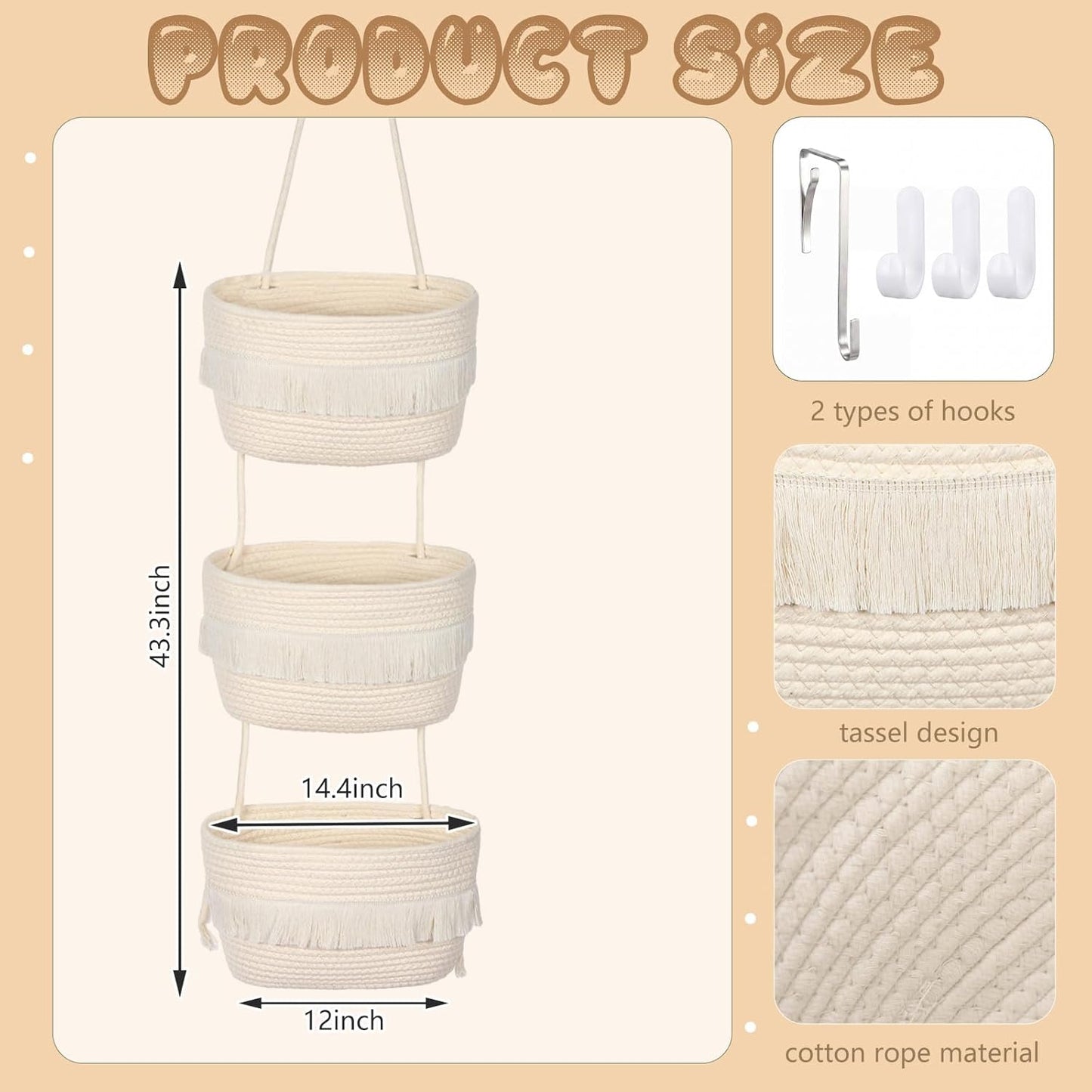 3-tier Tassel Hanging Basket Organizer / Neutral Color / Boho