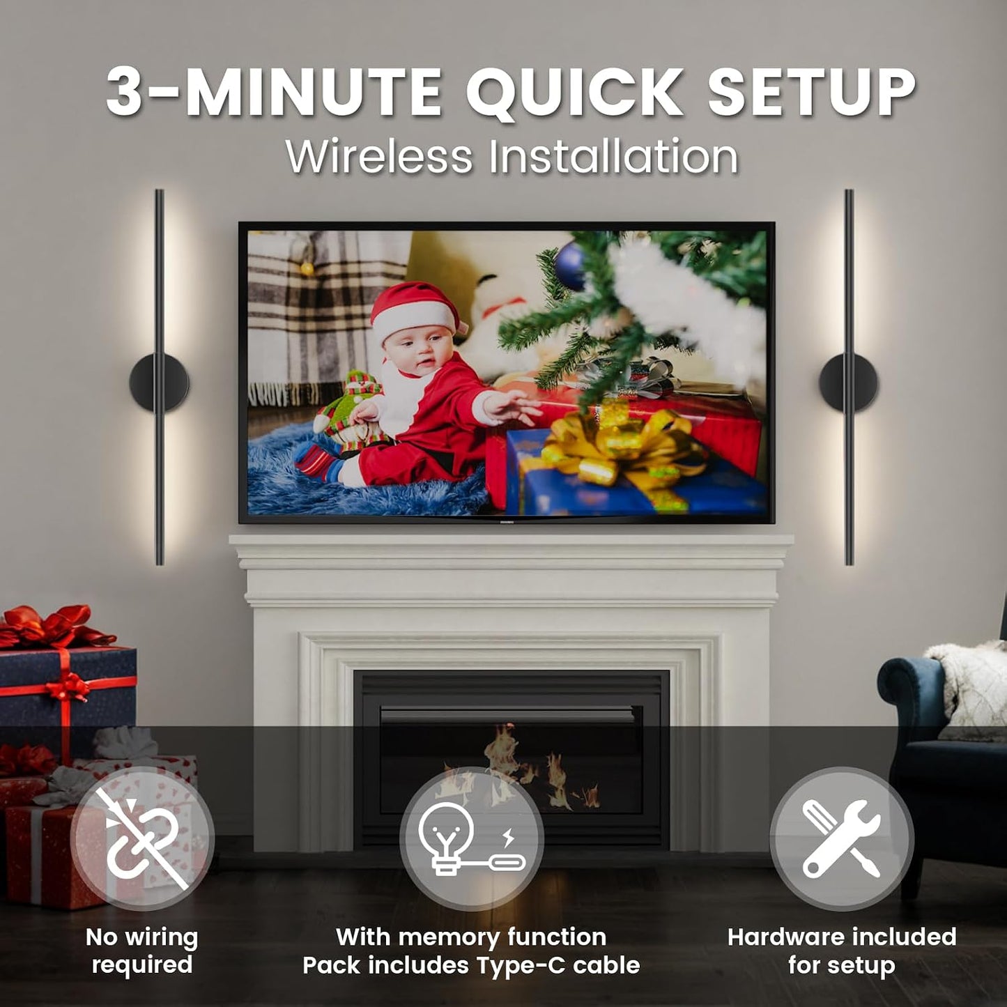 JOFIOS Battery Operated Wall Sconces Set of 2, 34.7In Black Remote Control | 360°Rotation Wireless Rechargeable Wall