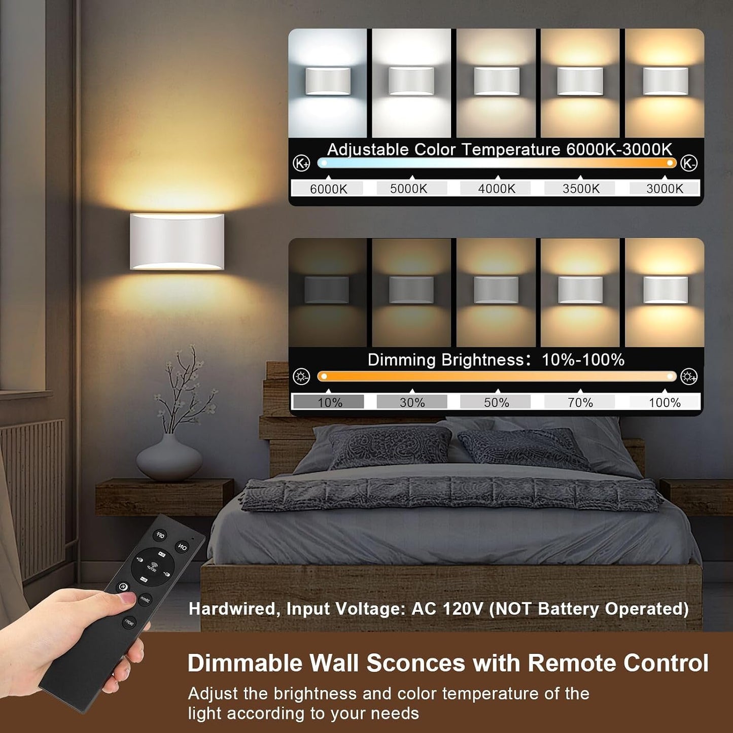 TRLIFE Modern LED Wall Sconces, Remote Control Dimmable and Adjustable Color Temperature 3000K~6000K Aluminum 12W