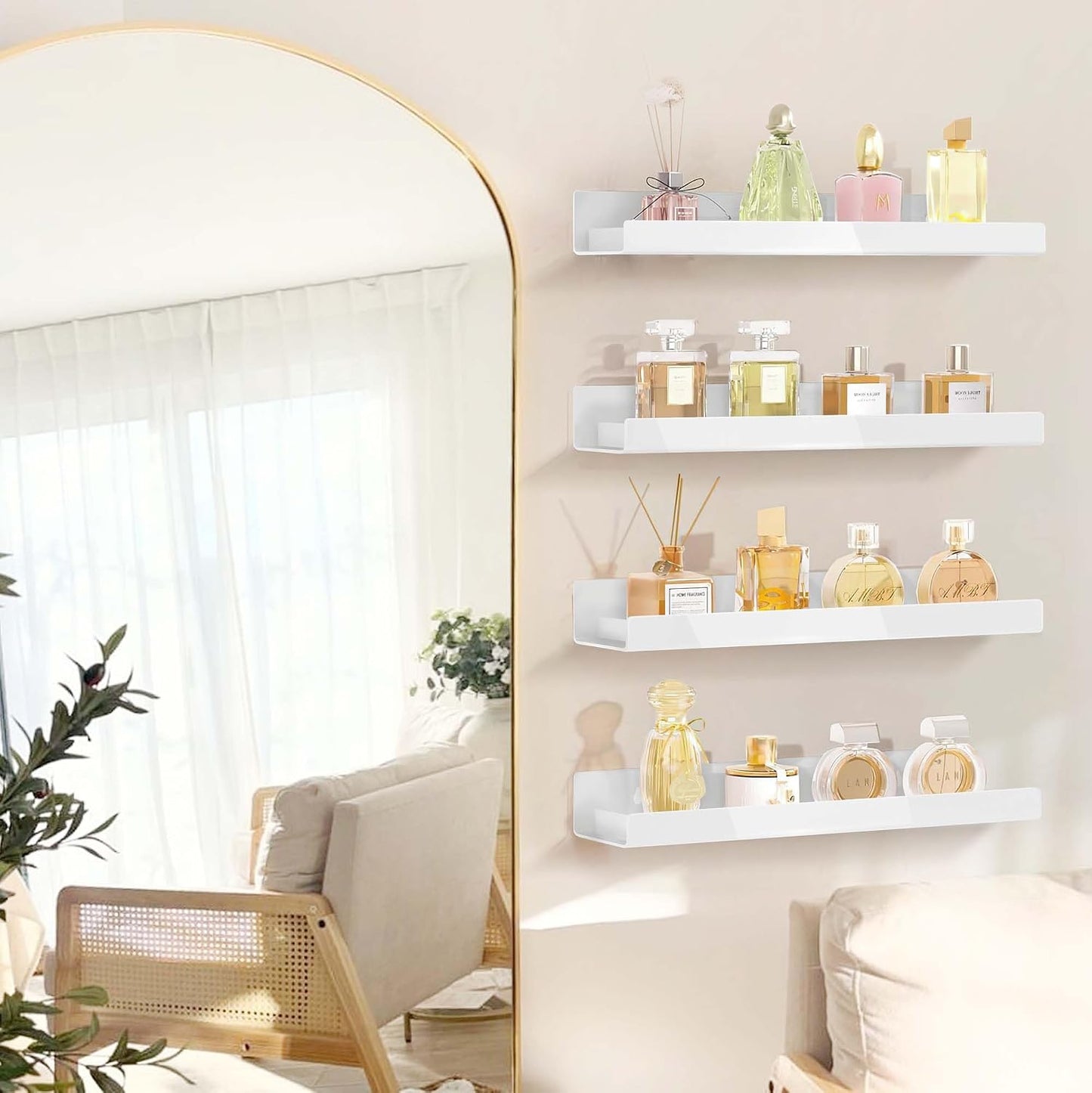 4 Pack 15 Inch White Acrylic Floating Wall Shelves, Kids Bookshelf | Modern Display Shelf for Nail Polish, Sunglasses