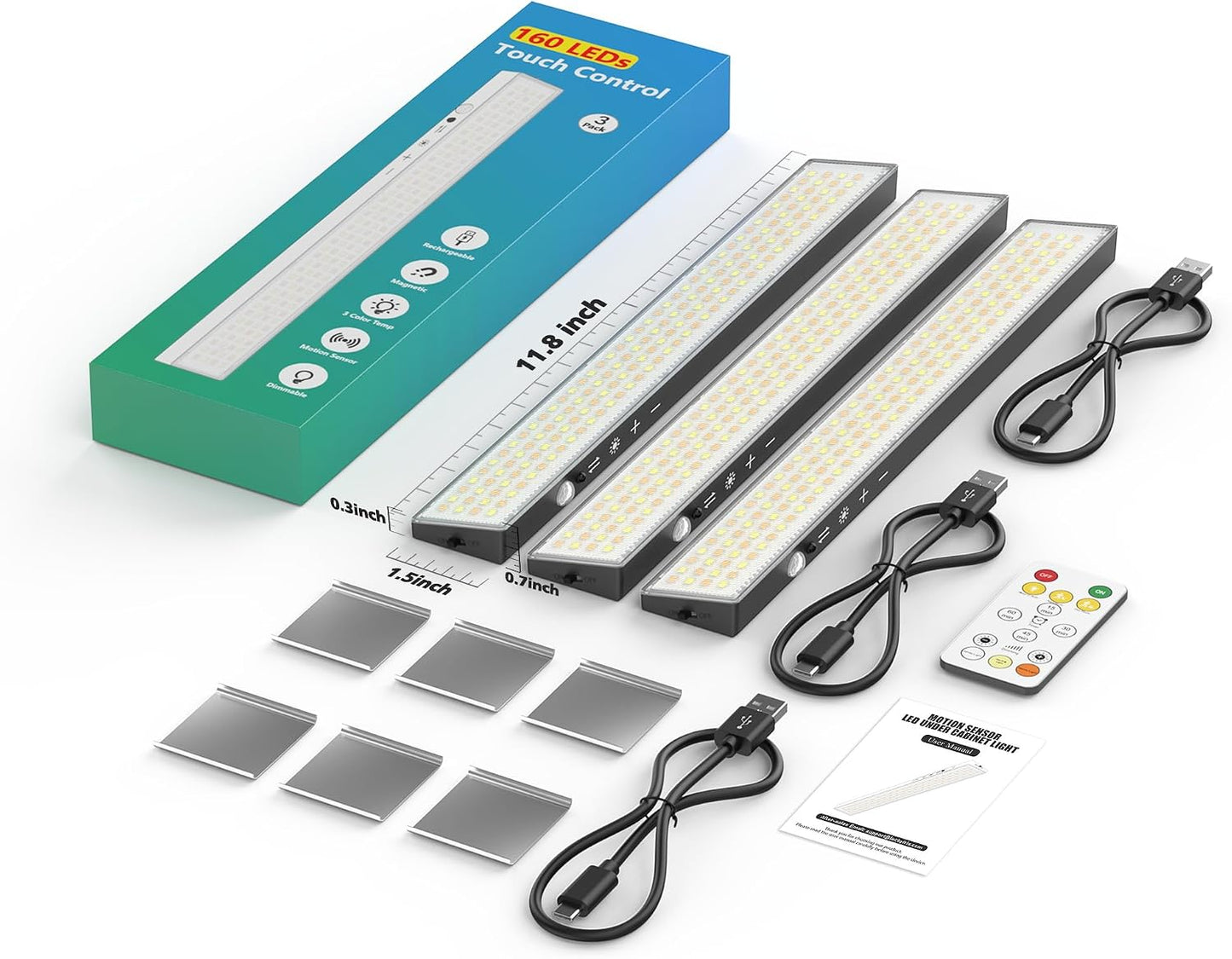 12" Under Cabinet Lights Wireless Rechargeable, Motion Sensor, 3Pack, Black | Touch & Remote Control丨160 bright