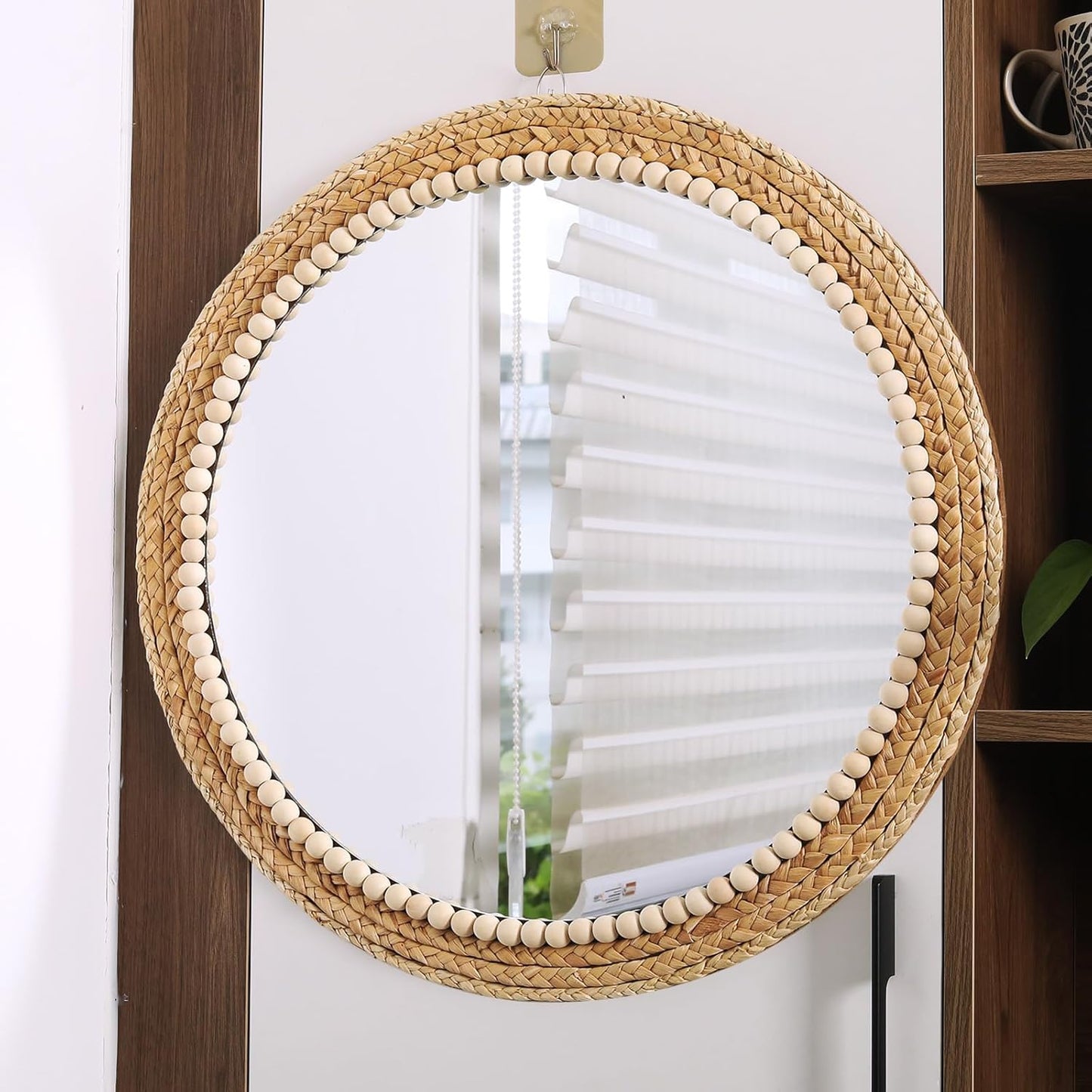 Boho Round Hanging Wall Mirror Decorative Rattan Circle Wall Mounted Mirror / 21 Inch Wood / 21 Inch