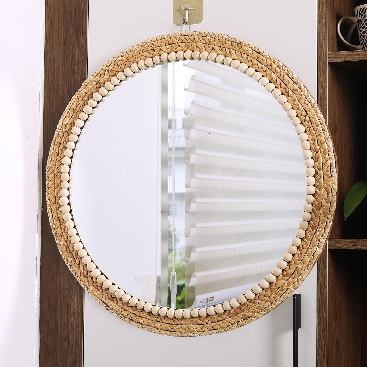 Boho Round Hanging Wall Mirror Decorative Rattan Circle Wall Mounted Mirror / 21 Inch Wood / 21 Inch