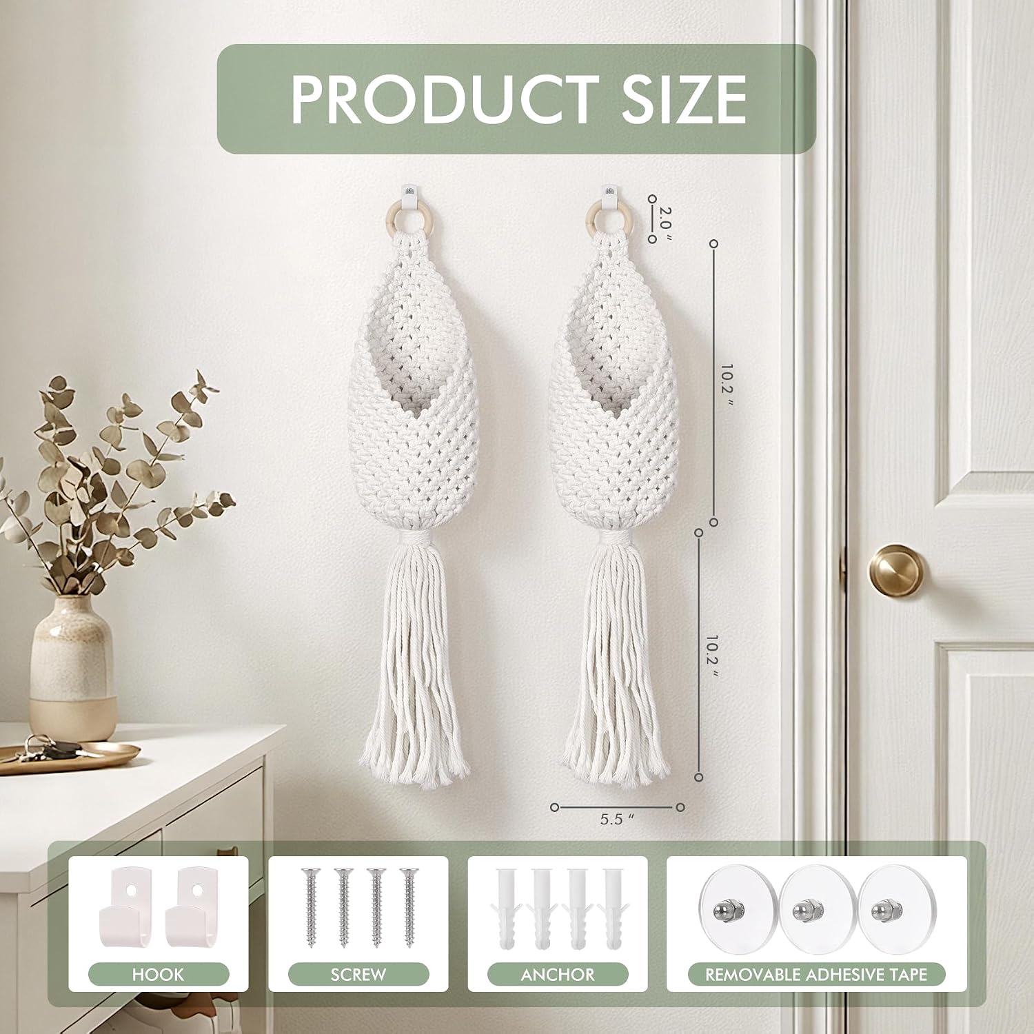 Small Woven Baskets Boho Tassel Decor Storage Cotton Rope Pouches / White / Set of 2