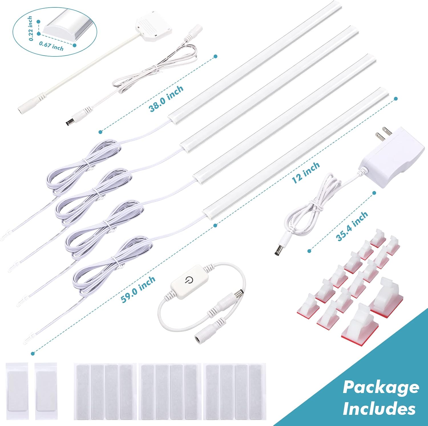 JUSJUBR 4-Pack Cold White Display Shelf Lights, Under Shelf Lighting with Memory Function, 12 Inch 6000K Plug-in
