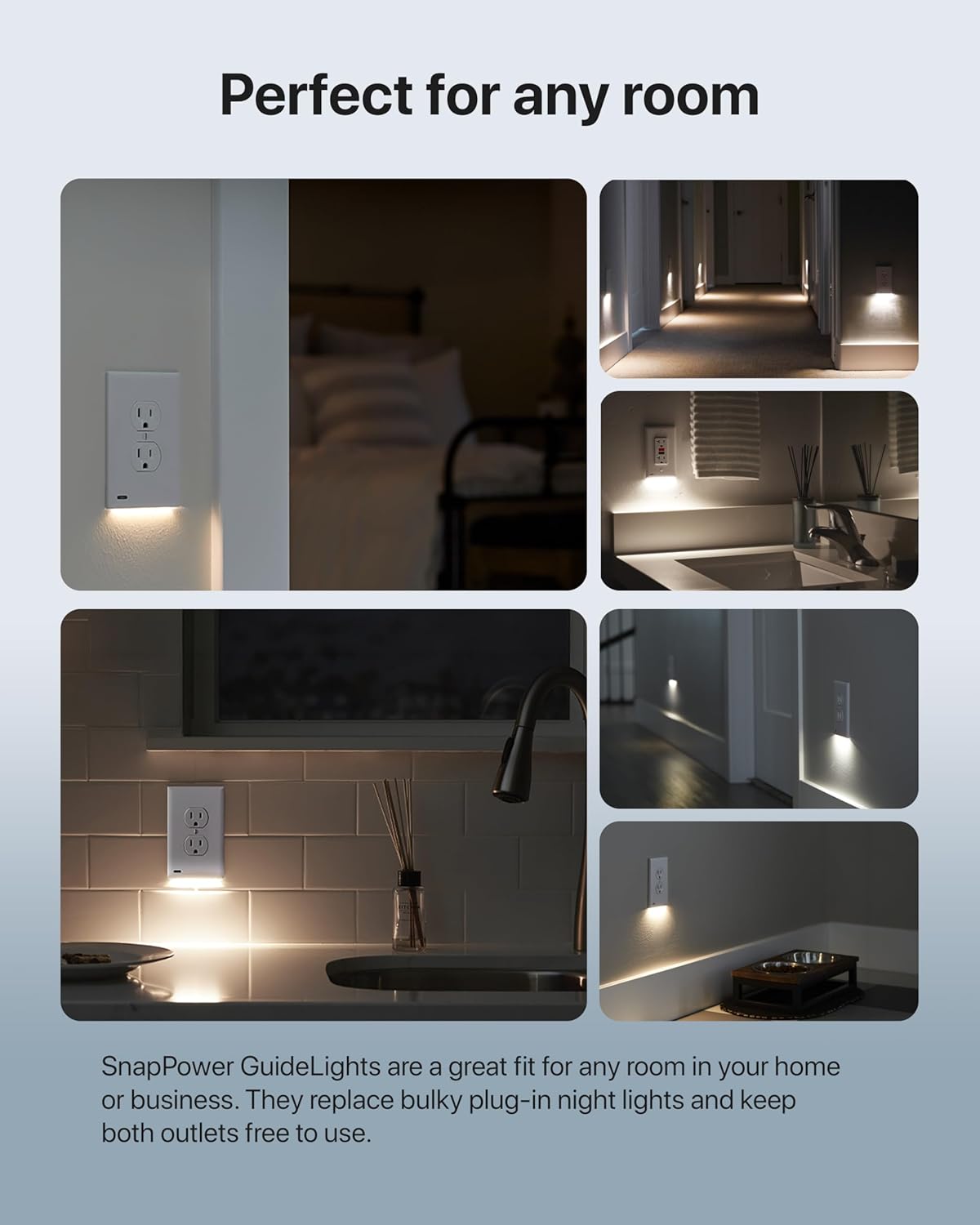 Single - SnapPower GuideLight [for Standard Decor, Not GFCI outlets] - Night Light - Electrical Outlet Wall Plate with